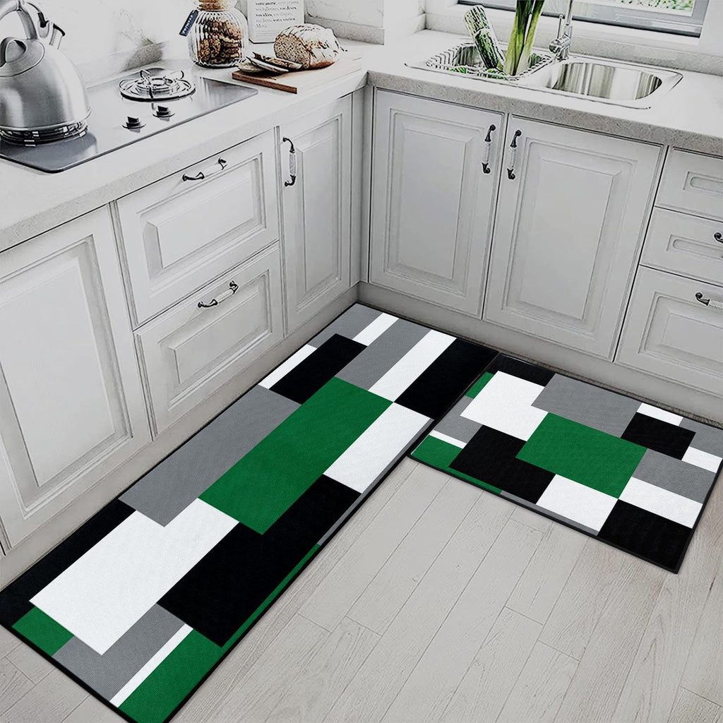 Blue Kitchen Rugs and Mats Non Skid Washable Set of 2, Grey White Modern Abstract Mats for Floor, Geometric Painting Runner Rug Graffiti Art Kitchen Decor