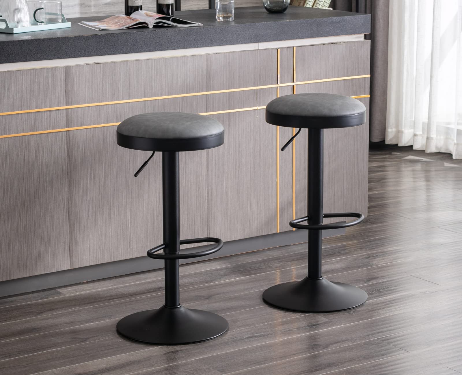 EALSON Modern Swivel Bar Stool Adjustable Counter Height Backless Barstools with Metal Base Leather Upholstered Round Bar Stool Chairs for Kitchen Island/Pub/Breakfast Bar, Beige 1PC