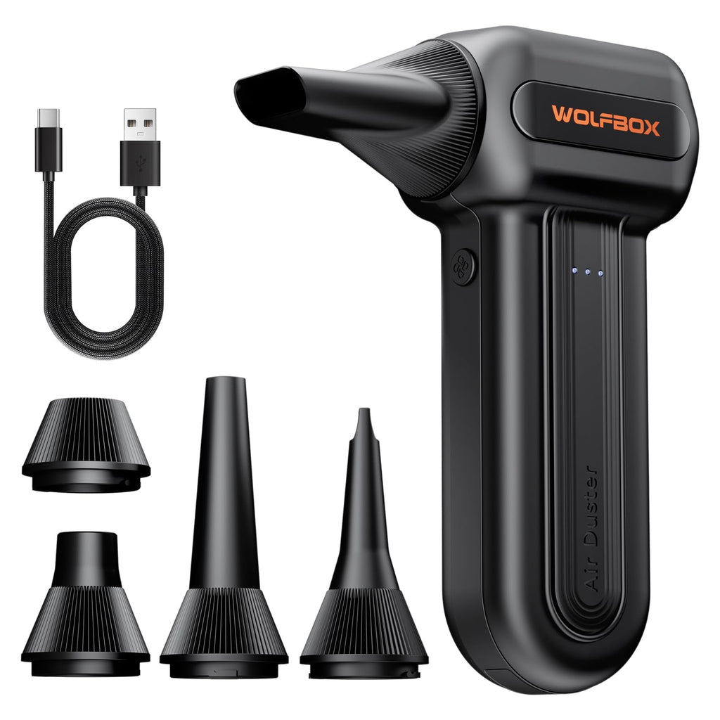 WOLFBOX MF60&MF70 Compressed Air Duster-110000RPM Super Power Electric Air Duster, 3-Speed Adjustable Rechargeable Cordless Air Blower with Fast Charging for PC Keyboard Cleaning, Car, Home (Black)