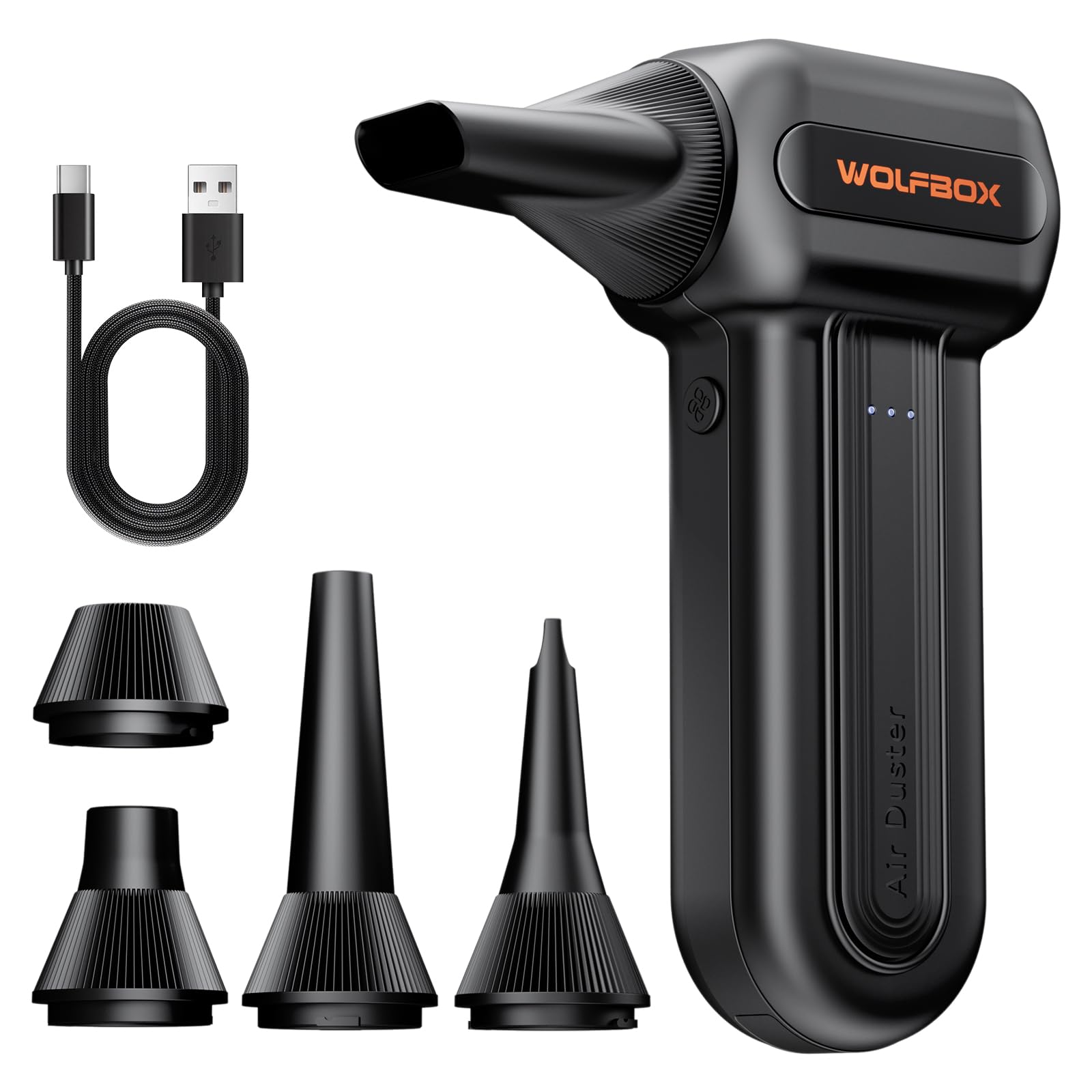 WOLFBOX MF60&MF70 Compressed Air Duster-110000RPM Super Power Electric Air Duster, 3-Speed Adjustable Rechargeable Cordless Air Blower with Fast Charging for PC Keyboard Cleaning, Car, Home (Black)