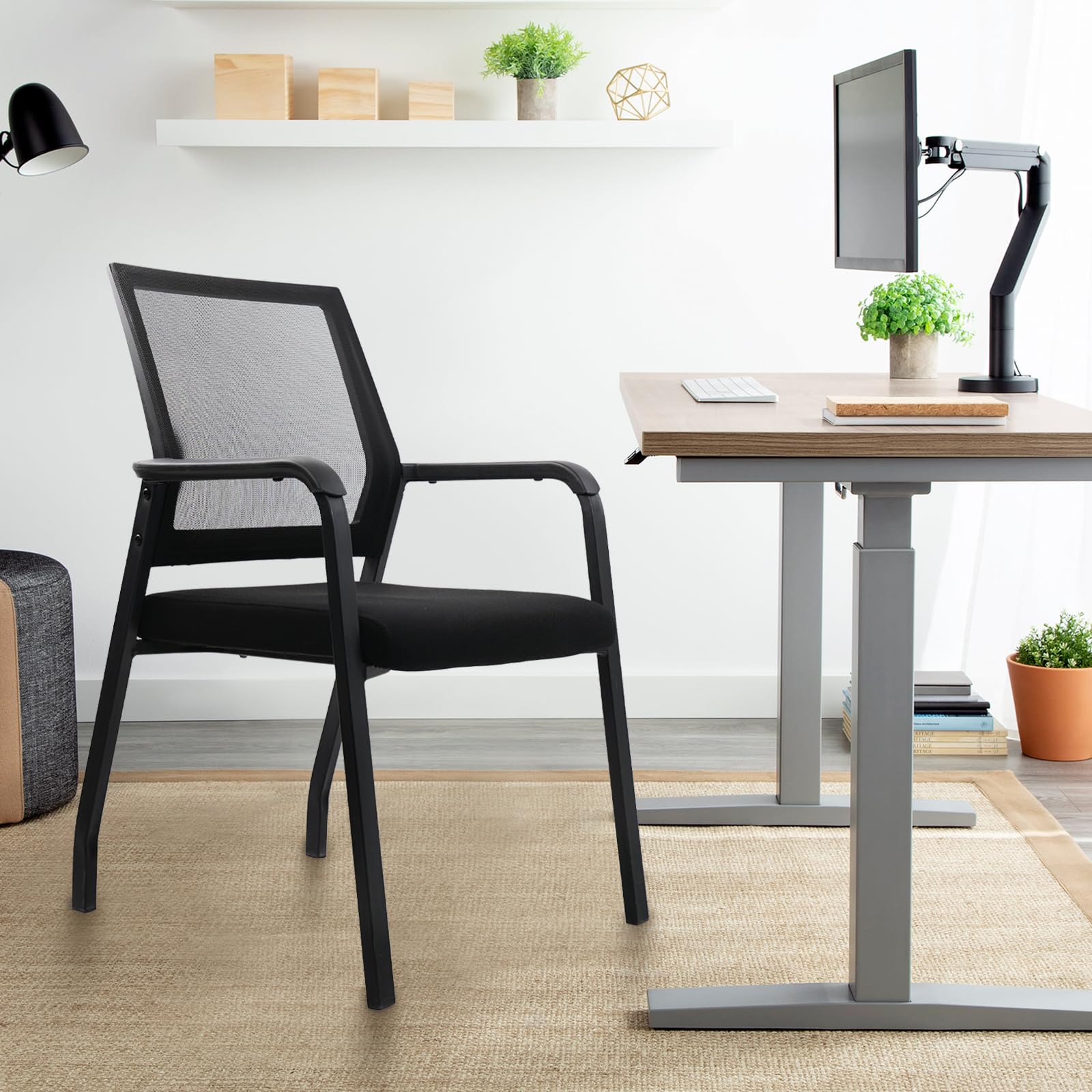 KLASIKA Desk Chair No Wheels with Adjustable Mesh Backrest, Arm Chair with Ergonomic Lumbar Support and Thickened Seats Cushion, Waiting Room Chairs for Office School Church Guest Reception