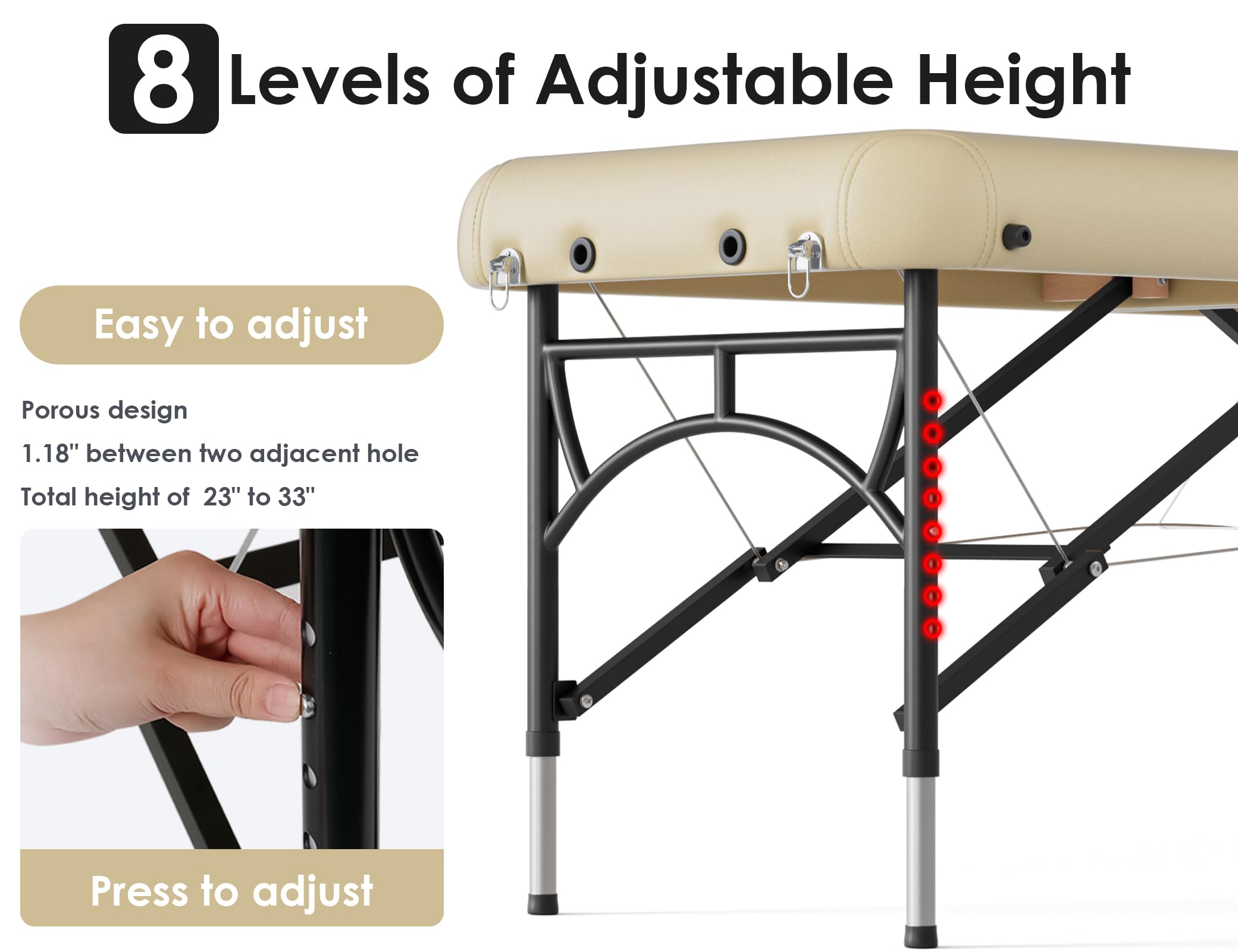 CLORIS 84" Professional Massage Table Portable Reinforced Wooden Leg 2 Folding Lightweight Spa Salon Tattoo Massage Bed Height Adjustable Hold Up to 1100LBS with Carrying Bag Black