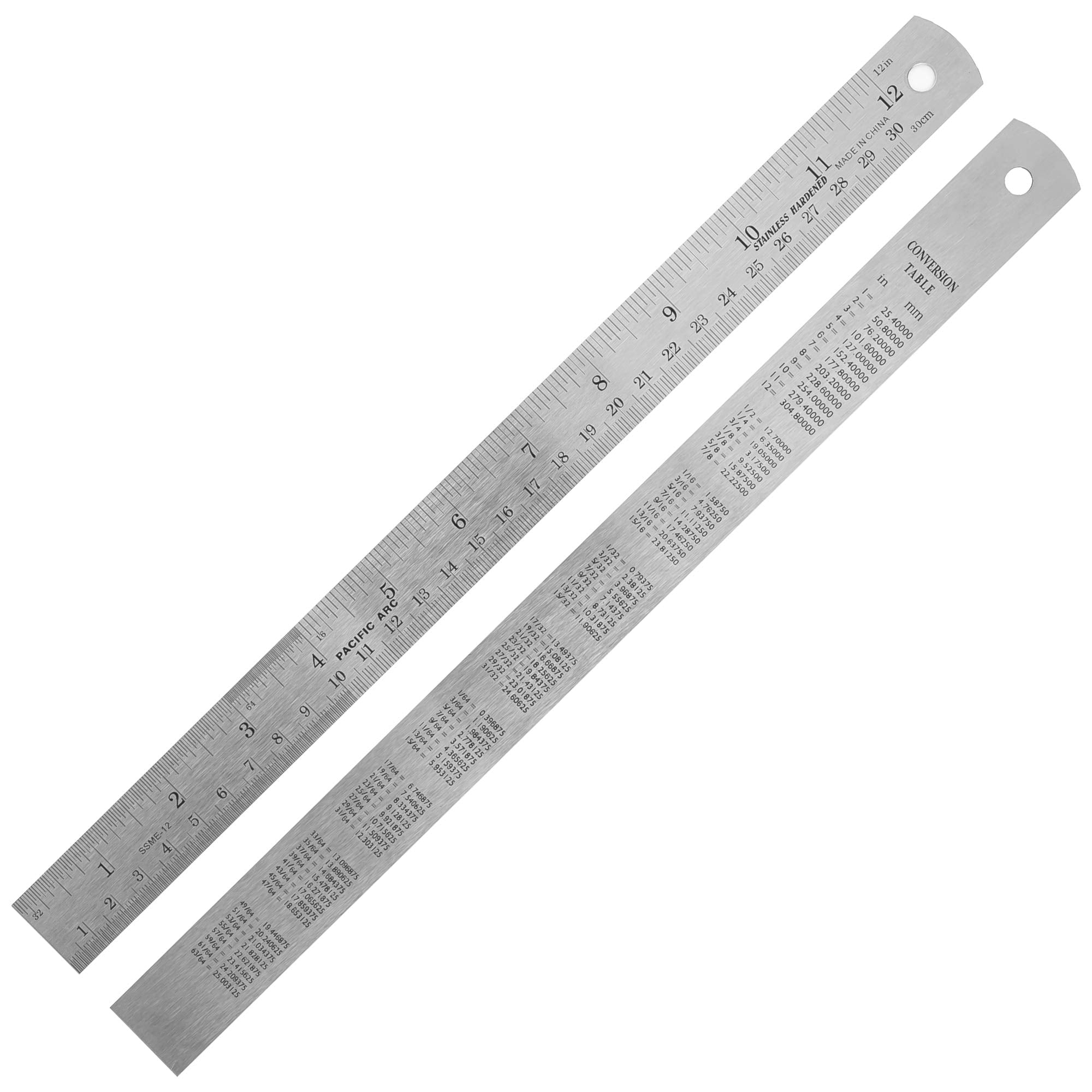 2 Pack Pacific Arc 12 Inch Stainless Steel Ruler with Inch/Metric Conversion Table