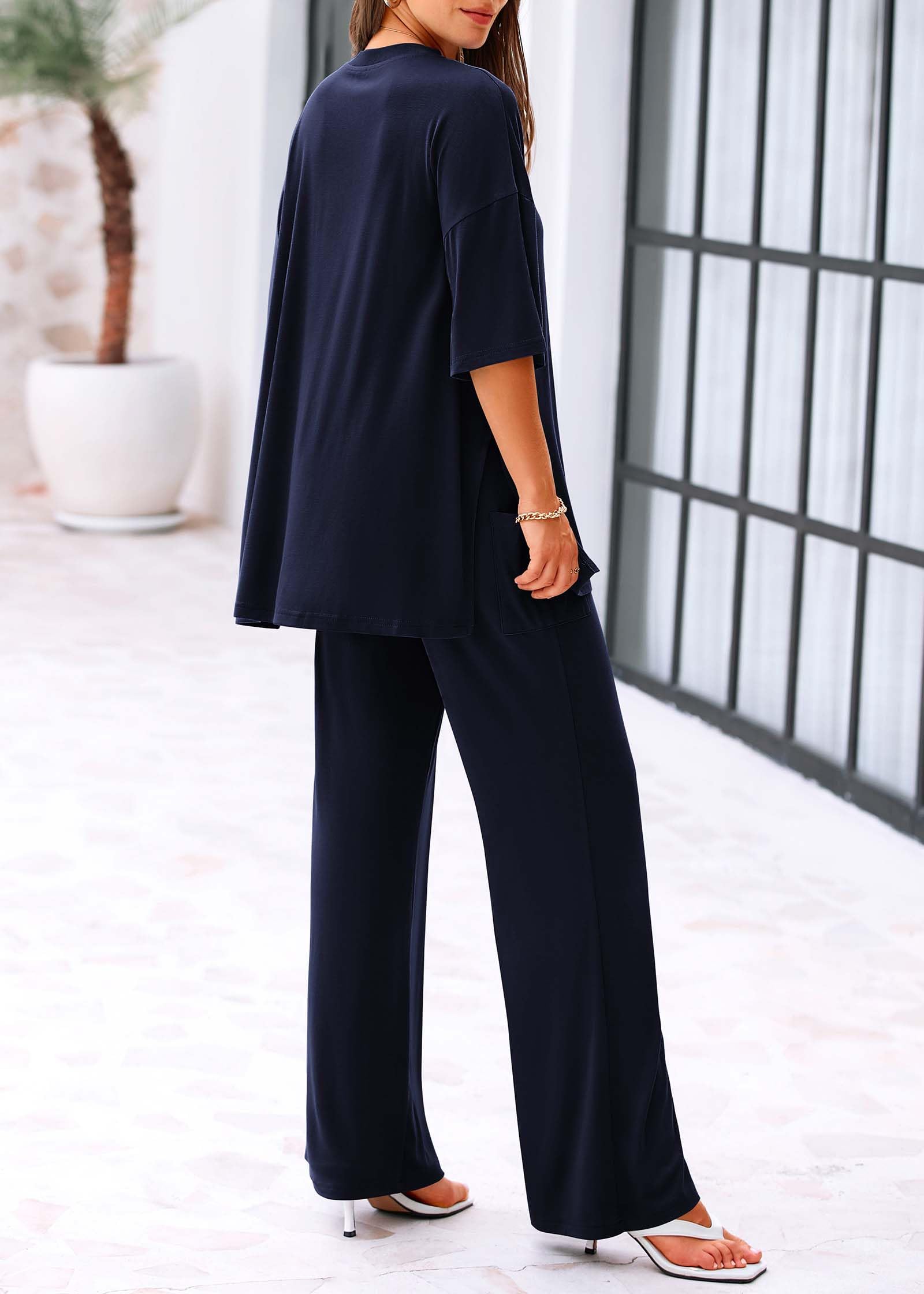 KIRUNDO 2 Piece Lounge Sets for Women Airport Travel Vacation Outfits Summer Casual Loose Short Sleeve Tops & Wide Leg Pants