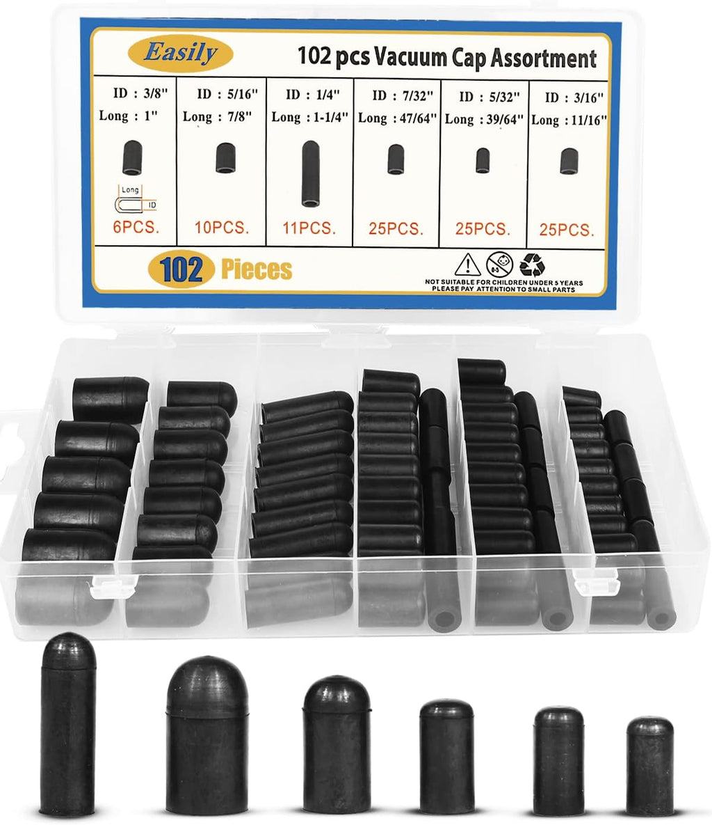 Rubber Vacuum Caps Plug Kit, 102 PCS Assorted Vacuum Plugs Hose End Caps Assortment Kit for Carburetor, Manifold, Automotive 3/16'' 5/16" 7/32" 1/4" 5/32'' 3/8''