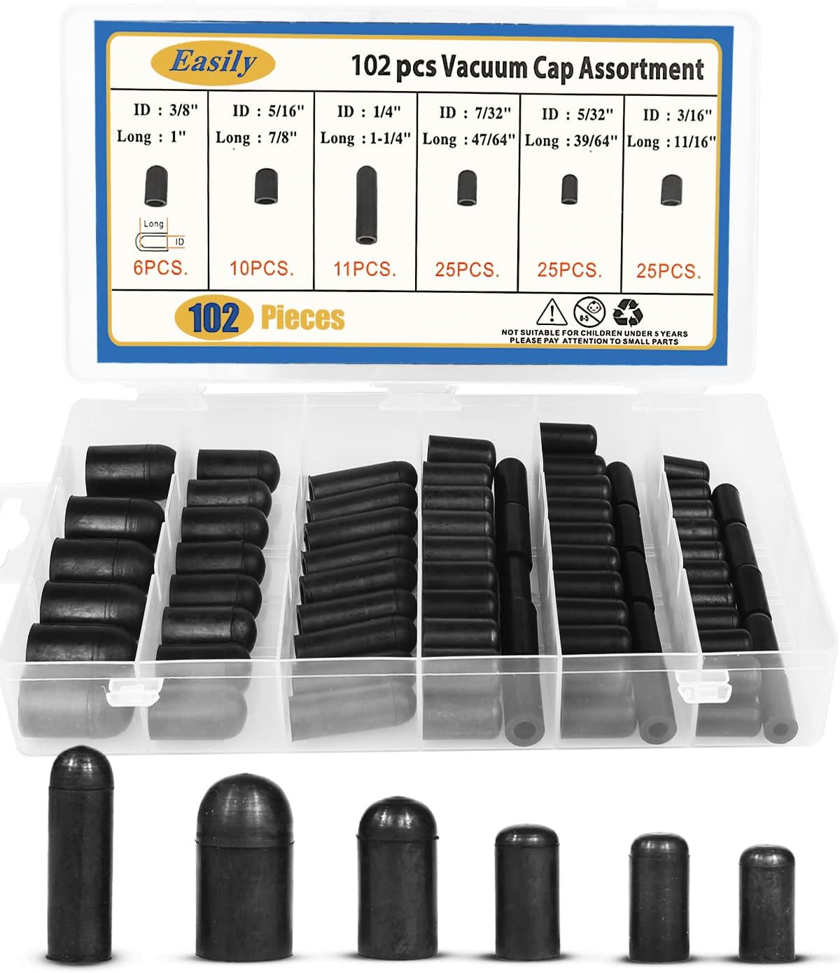 Rubber Vacuum Caps Plug Kit, 102 PCS Assorted Vacuum Plugs Hose End Caps Assortment Kit for Carburetor, Manifold, Automotive 3/16'' 5/16" 7/32" 1/4" 5/32'' 3/8''