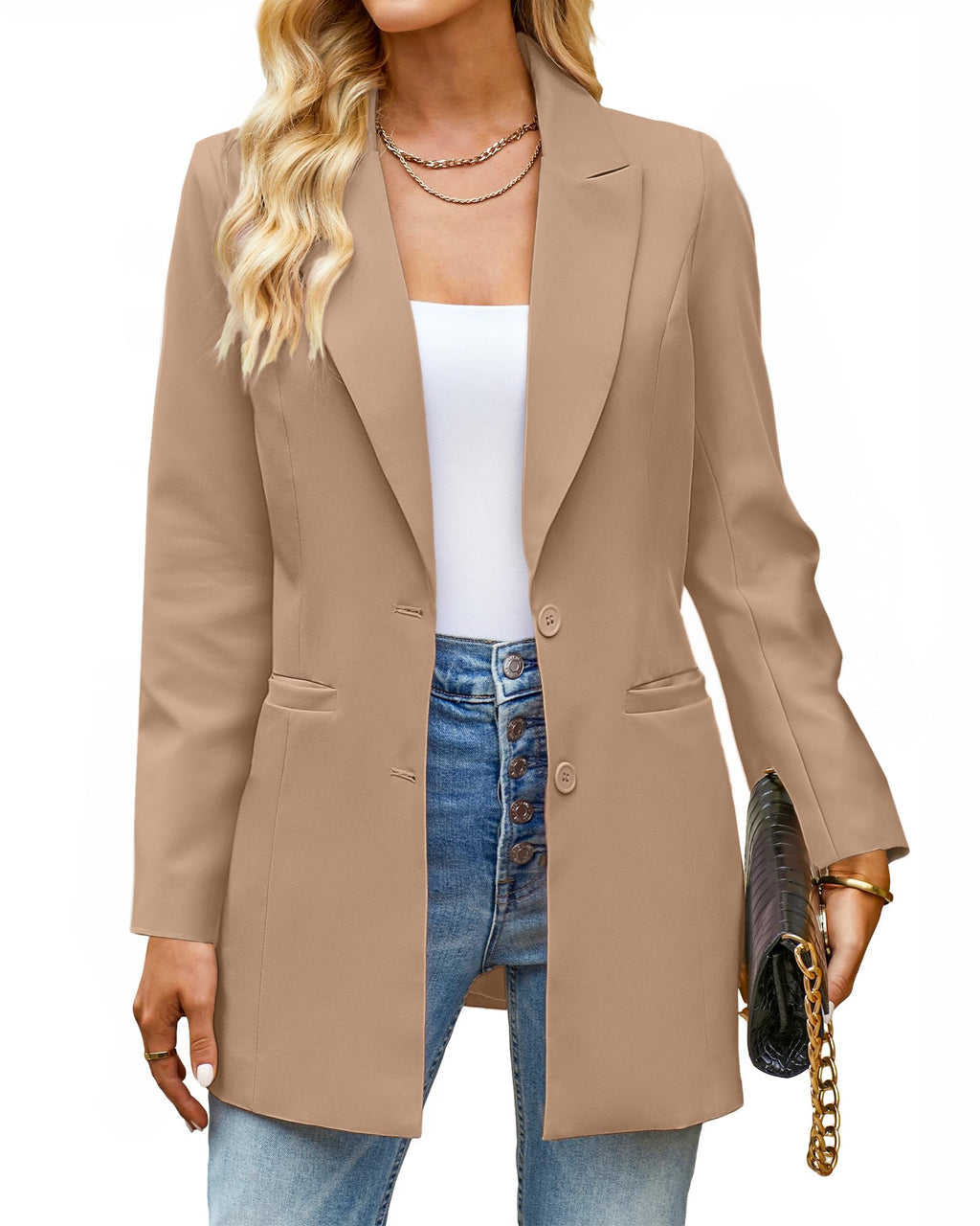 luvamia Blazers for Women Business Casual Long Blazer Jackets Dressy Work Professional Office Outfits Lapel Pockets