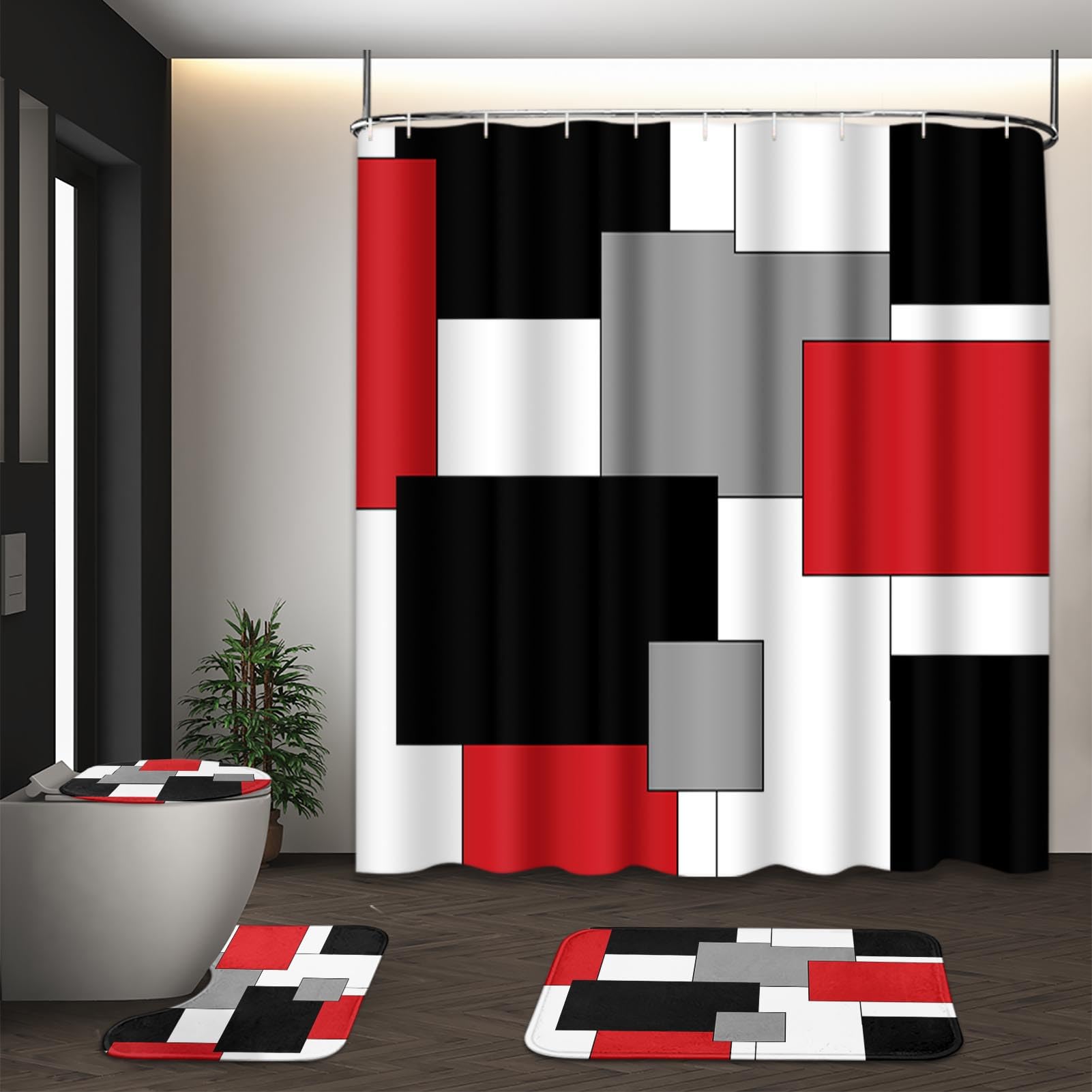 Beige Geometric Shower Curtain Set with Toilet Lid Cover and Non-Slip Rugs for Bathroom, Black Grey White Checkered 4 Pcs Shower Curtain, Modern Abstract Bathroom Set with 12 Hooks