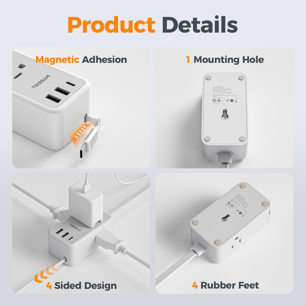 TESSAN Small Flat Plug Power Strip, Ultra Thin Extension Cord 5 ft, 3 AC Outlets with 3 USB Ports (1 USB C), Multiple Wall Outlet Extender for Cruise Travel Office School Dorm Room Essentials, Black