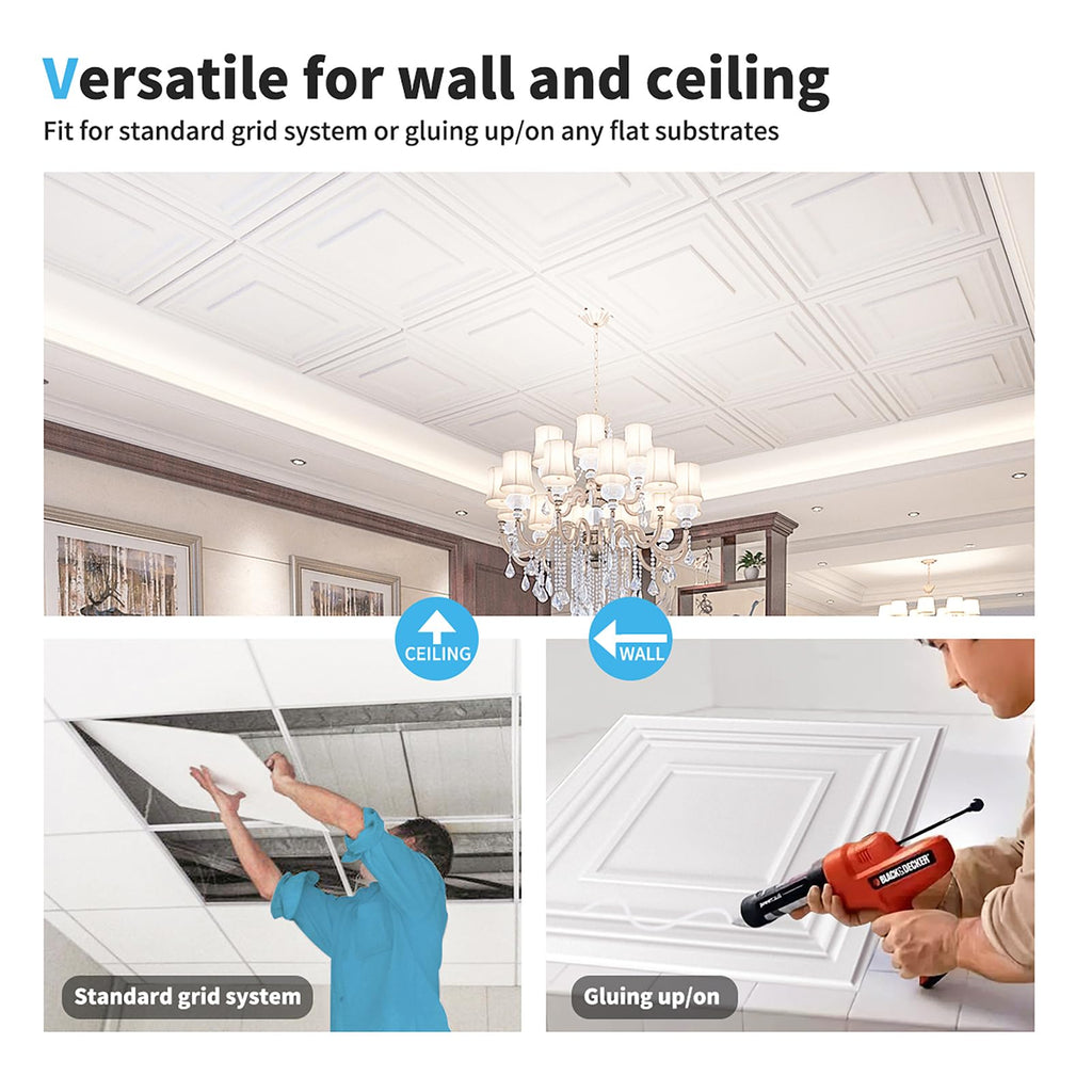 Art3d Drop Ceiling Tiles 24x24in. (12-Pack, 48 Sq.ft), Wainscoting Panels Glue Up 2ft x 2ft for Interior Décor in Living Room, Bedroom & Office, Star Black