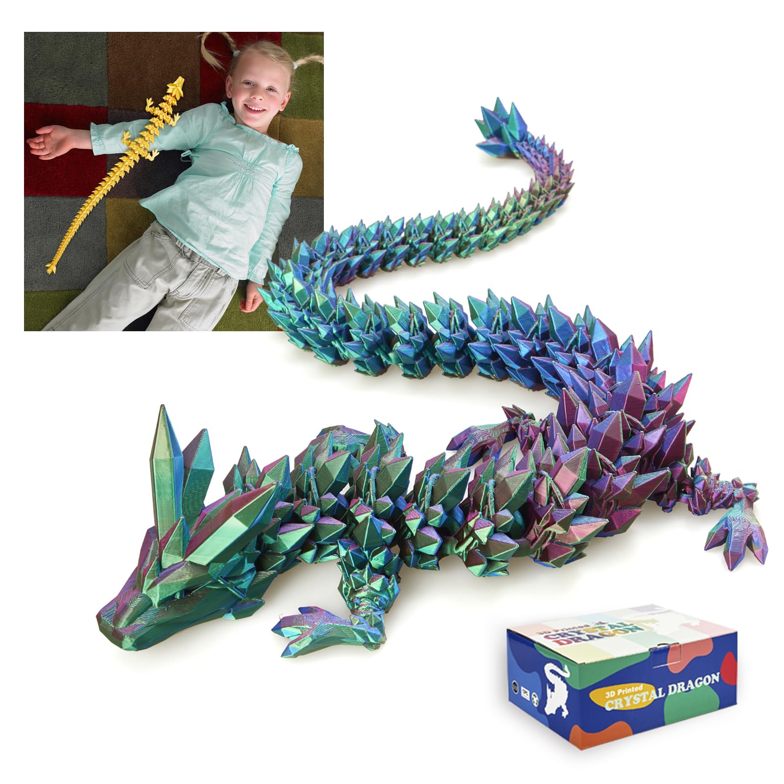 24" Large 3D Printed Dragon - Huge Articulated Crystal Dragon Fidget Toy, Giant Flexible 3D Dragon Figure, Birthday Gift for Boys Girls Kids & Collectors, Home Office Executive Desk Decor