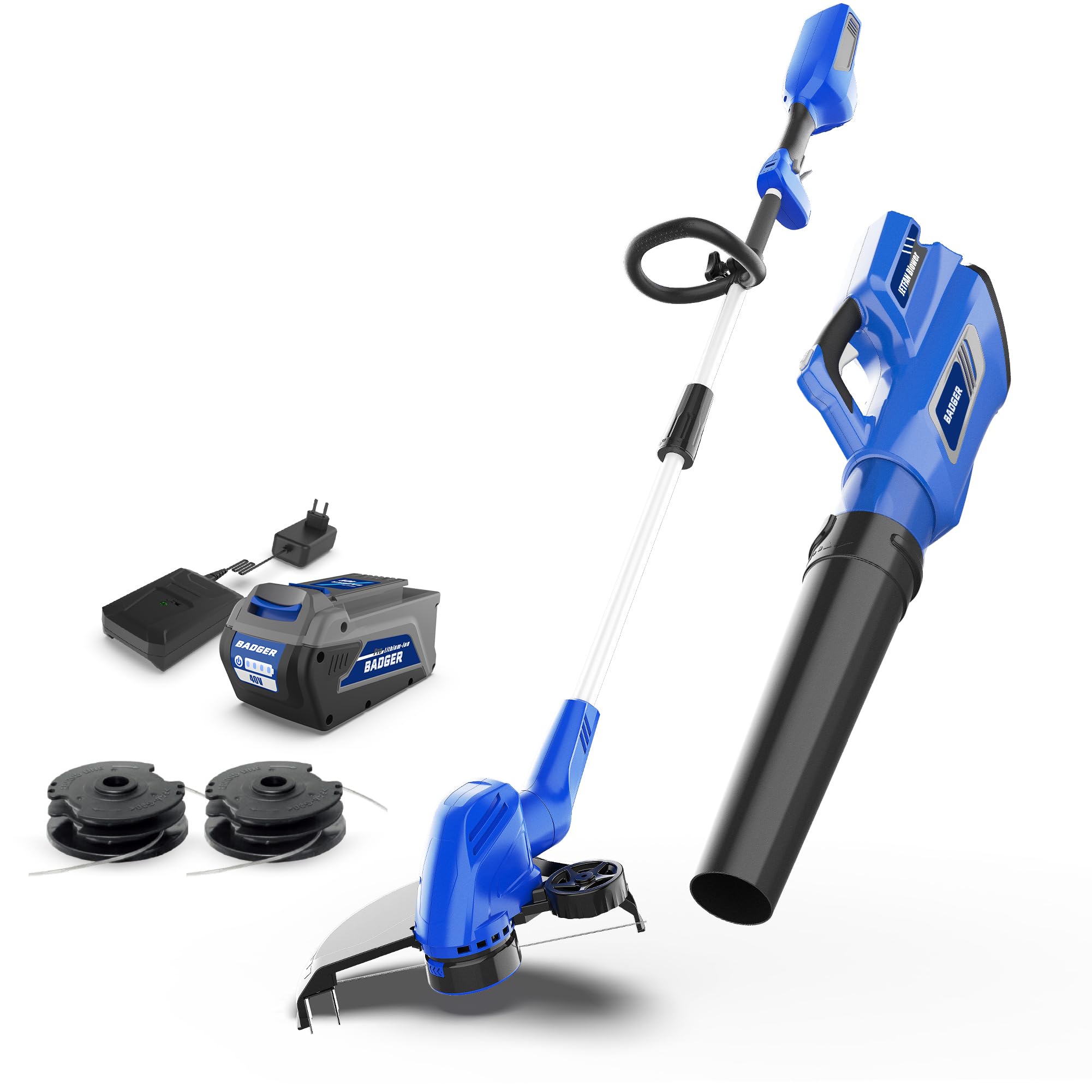 Wild Badger Power 20V Weed Wacker, Leaf Blower, Wheeled Edger Kit Electric with 2 * 2Ah Battery & Charger, String Trimmer, Lightweight, Adjustable Telescopic Shaft, Fast-Charging