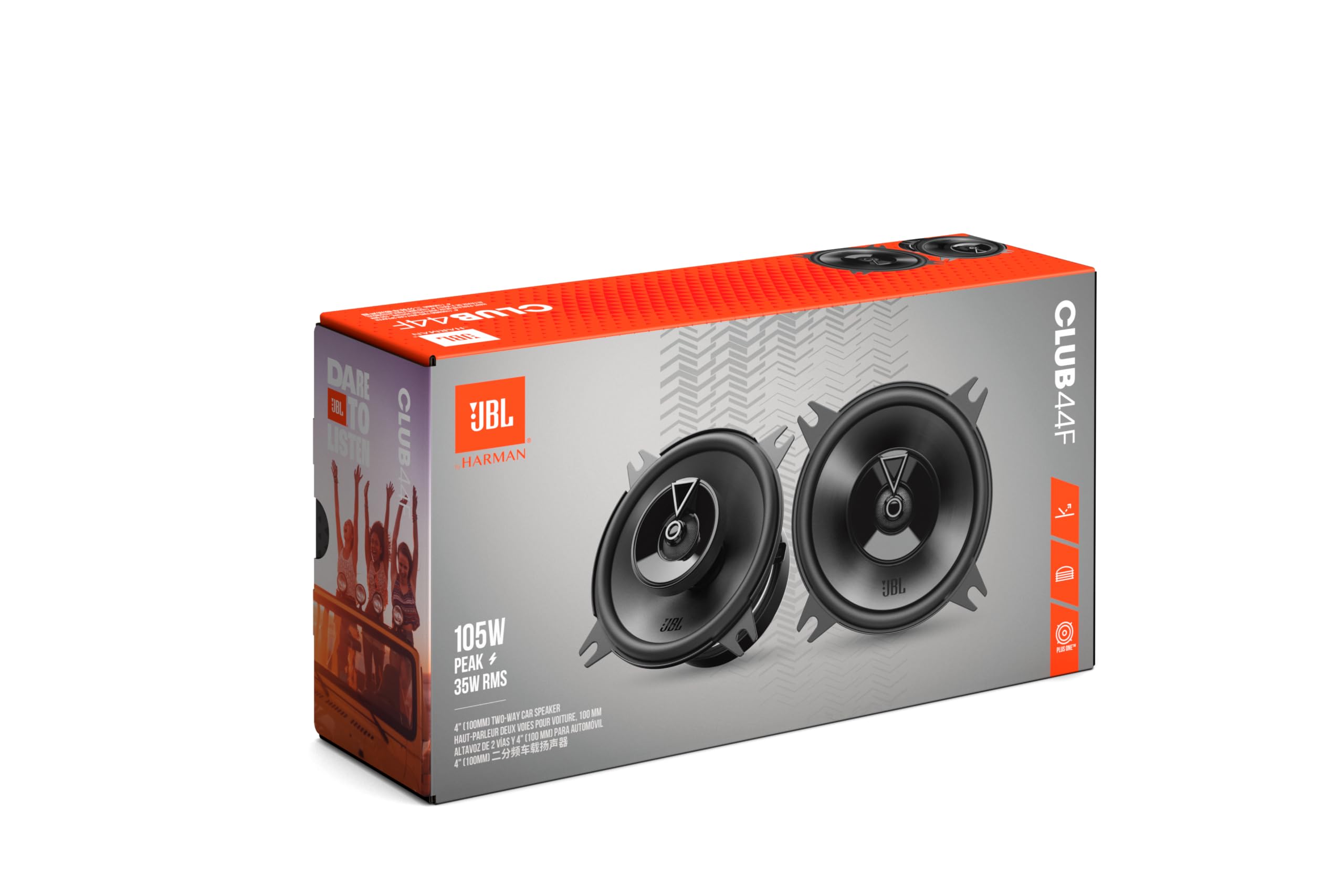 JBL Club 34F - 3-1/2" (87mm) Two-Way Car Speaker, 75 Watts Peak, 25 Watts RMS, Sensitivity (@ 2.83V): 89dB, Frequency Response: 90Hz – 20kHz, Nominal Impedance: 3.0 ohms