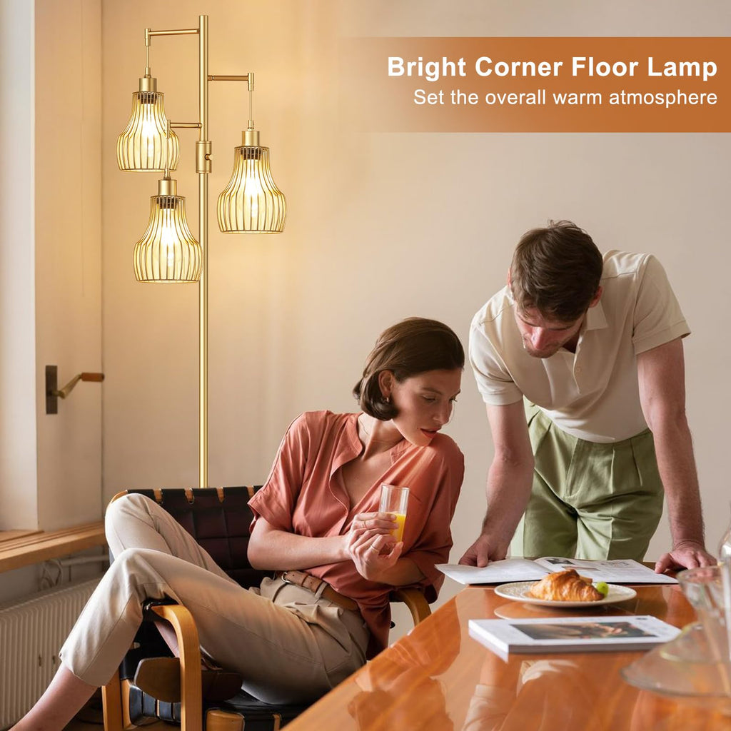 Ziisee Dimmable Floor Lamps for Living Room, Industrial Tree Standing Tall Lamps with 3 Elegant Cage Shade & 800 Lumens LED Bulbs for Bedroom Office - Brown