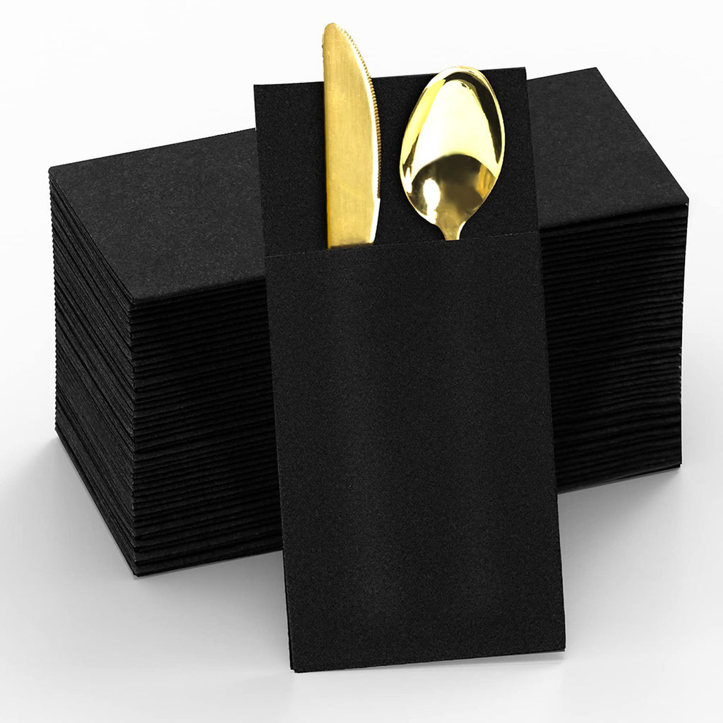 KAMMAK Black Napkins Disposable with Pocket Wedding Decorative Dinner Paper Napkins 100 Pack Linen Feel Prefolded Guest Hand Towels for Party Decoration, Cocktail Reception, Hotel (16.5 x 16.5 inch)