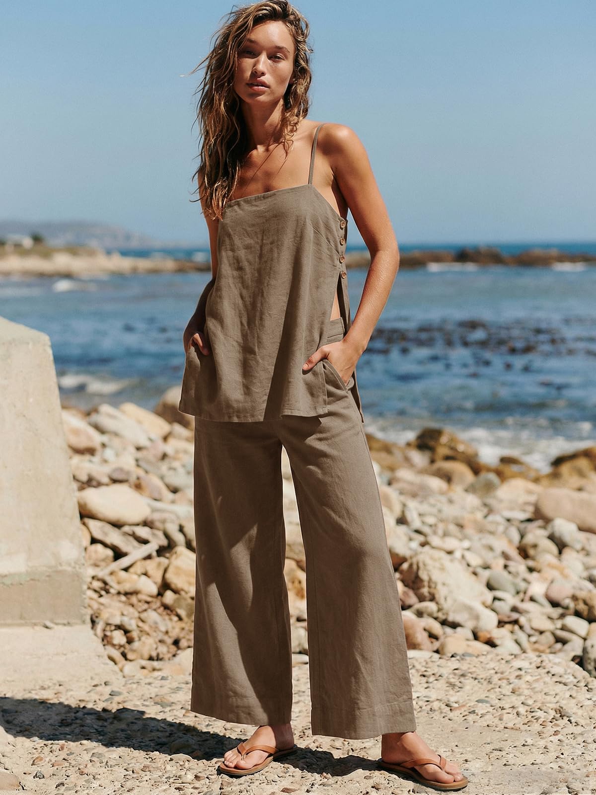 Dokuritu Linen Sets for Women 2 Piece Summer Spaghetti Strap Top Wide Leg Pant Set Beach Vacation Travel Outfits with Pockets