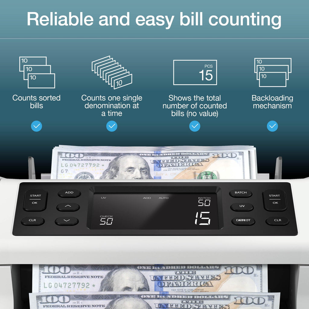 Safescan 2210 Money Counter Machine with Counterfeit Detection, Add/Batch Modes, LCD-Display, High-Speed Counts 1,000 bills per minute, 2 Point Counterfeit Check - Sorted Counter for All Currencies