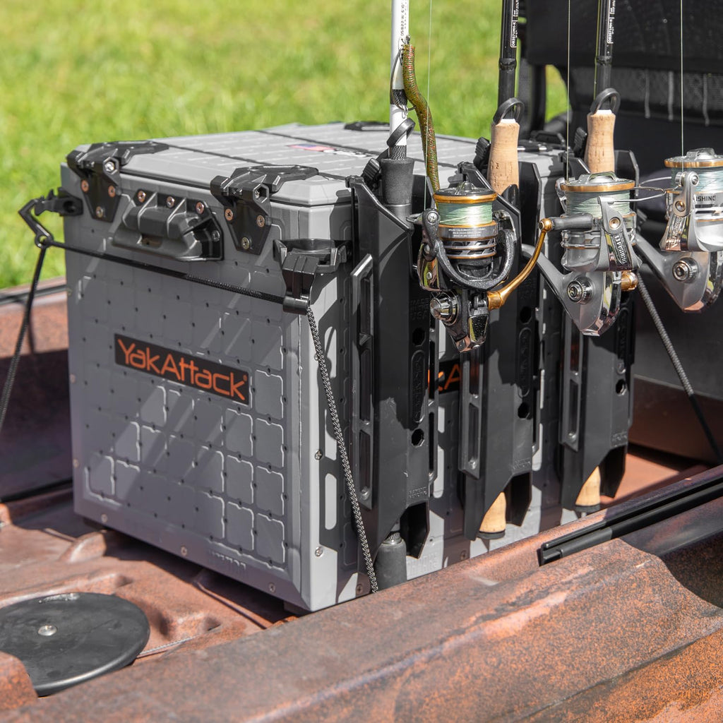 YakAttack BlackPak Pro 13" x 13" Fishing Crate with 3 Rod Holders - Battleship Grey | Compact Tackle Storage Box & Gear Organizer for Kayaks | Lightweight, Durable & Customizable Marine Accessory