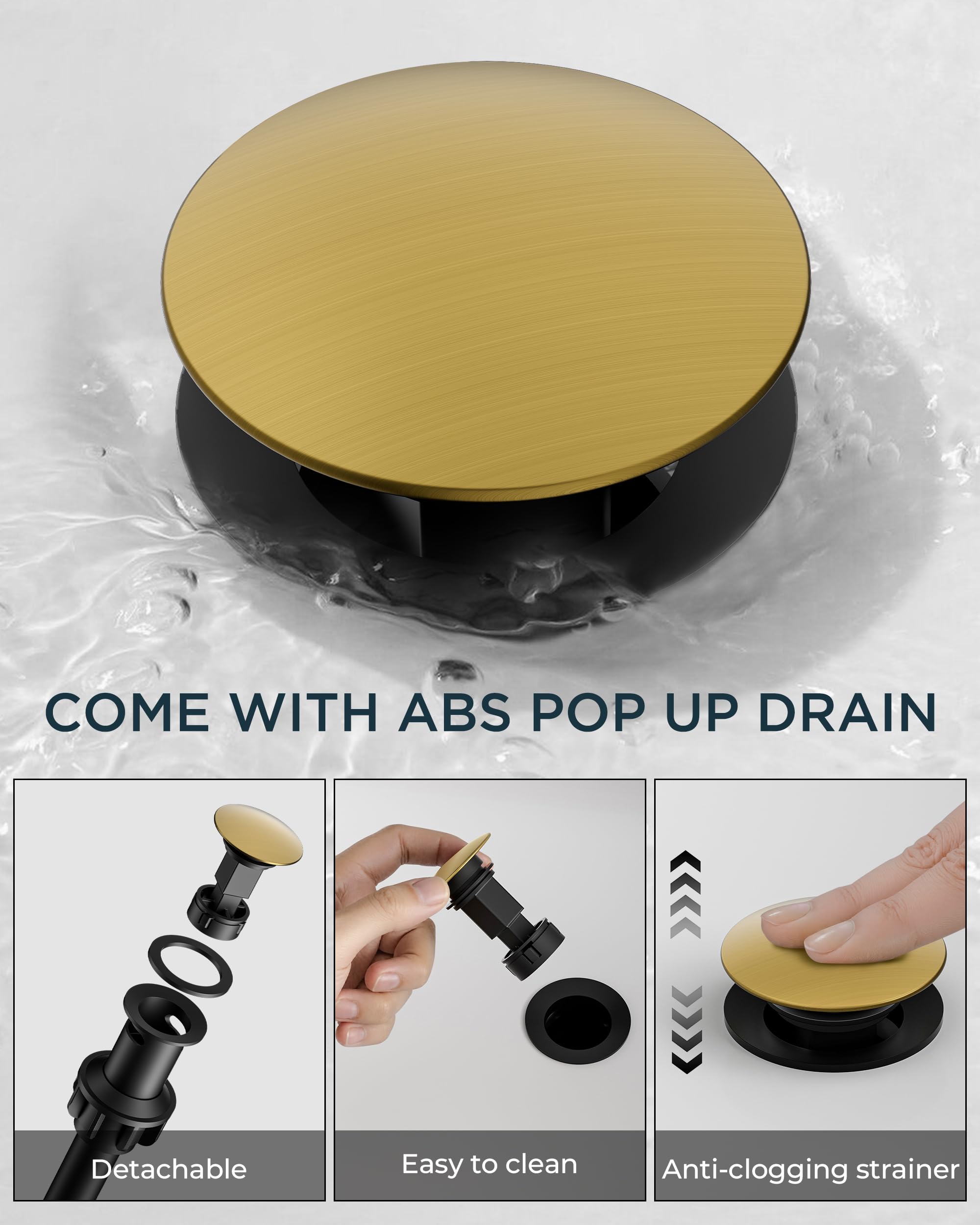 FORIOUS 4" Brushed Gold Bathroom Faucet Centerset 4 Inch, 2 Handle 2 Hole Gold Faucets for Bathroom Vanity wtih Metal Pop Up Dain, CUPC Supply Hose, High Arc Swivel Spout