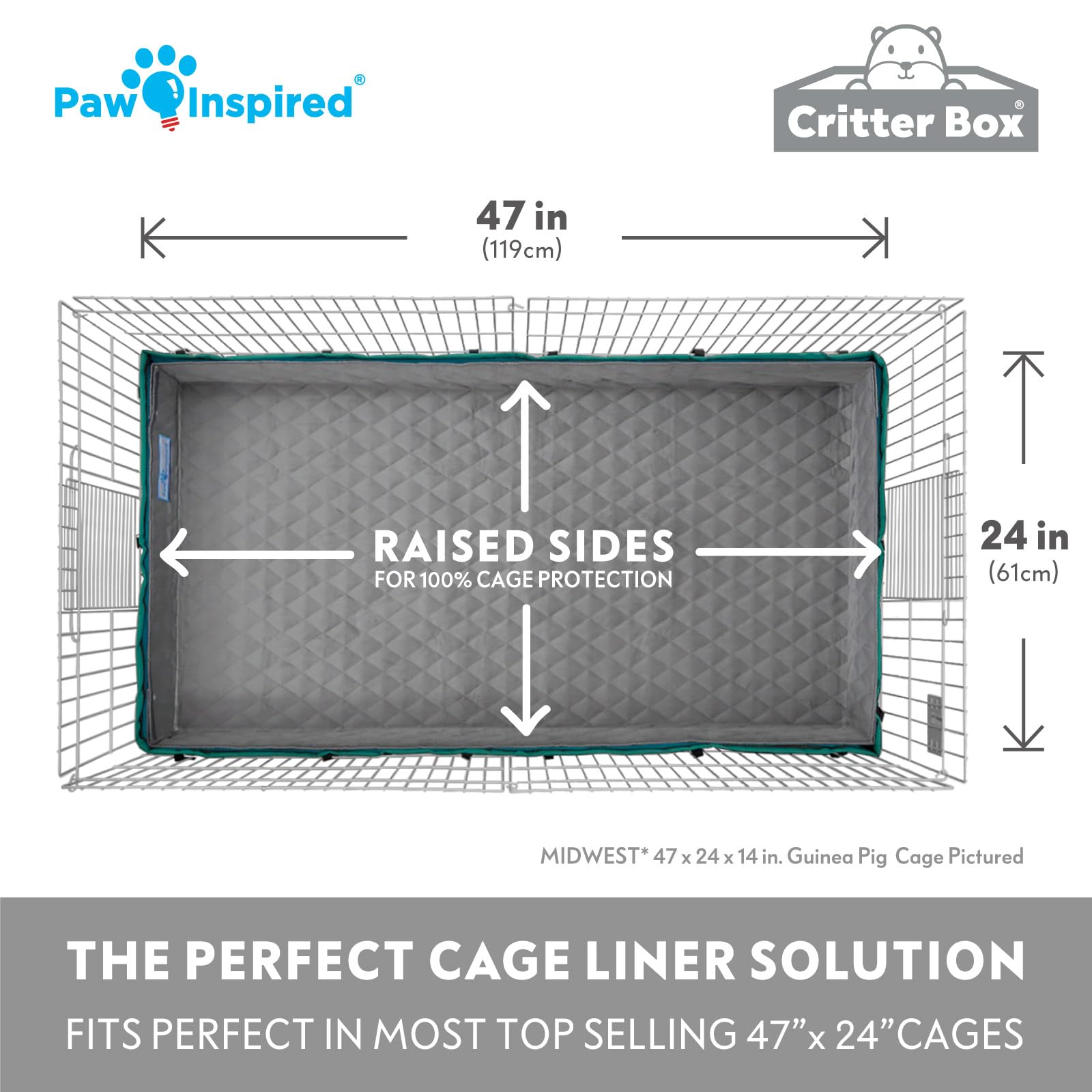 Paw Inspired Critter Box Washable Cage Liner with Raised Sides, Fleece Bedding with Waterproof Bottom, Edge Protected Pee Pads for Guinea Pigs, Rabbits, Hamsters, Small Animals (Midwest Size)