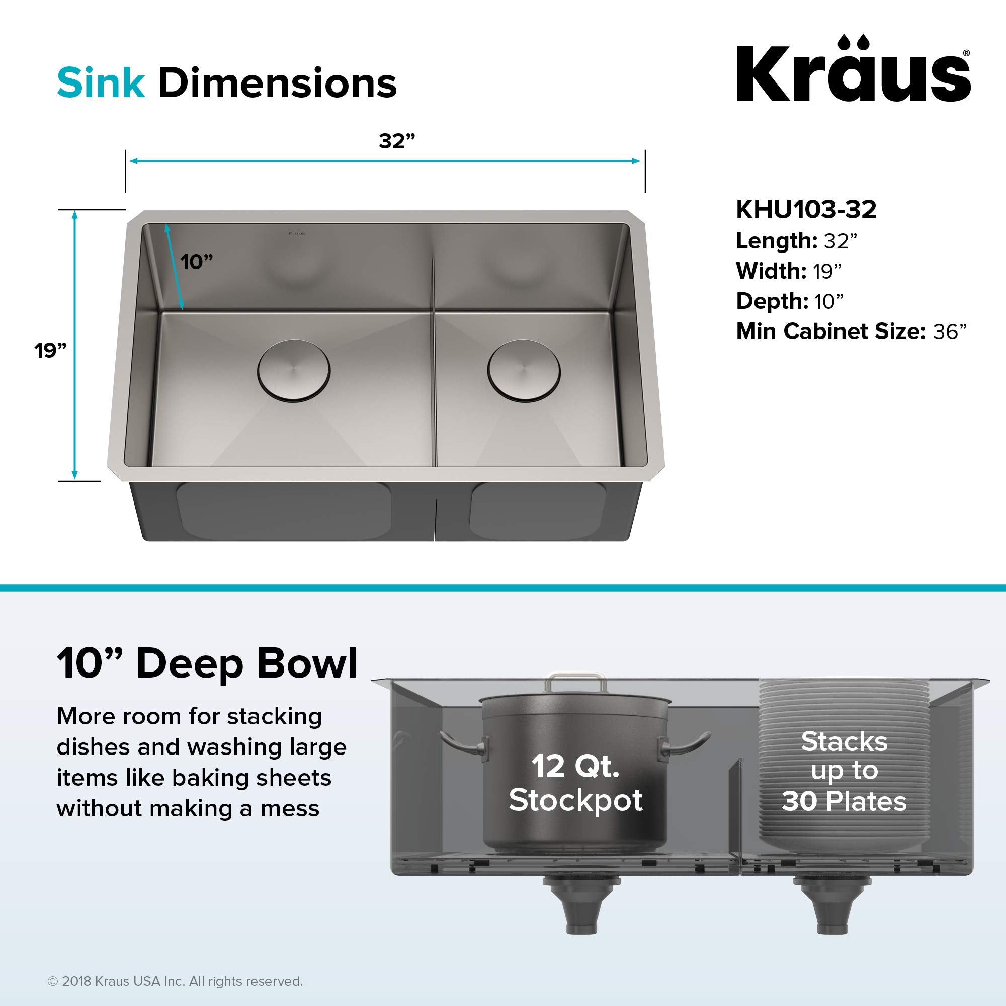 KRAUS Standart PRO™ 32-inch 16 Gauge Undermount 60/40 Double Bowl Stainless Steel Kitchen Combo with WasteGuard™ Continuous Feed Garbage Disposal, KHU103-32-100-75MB