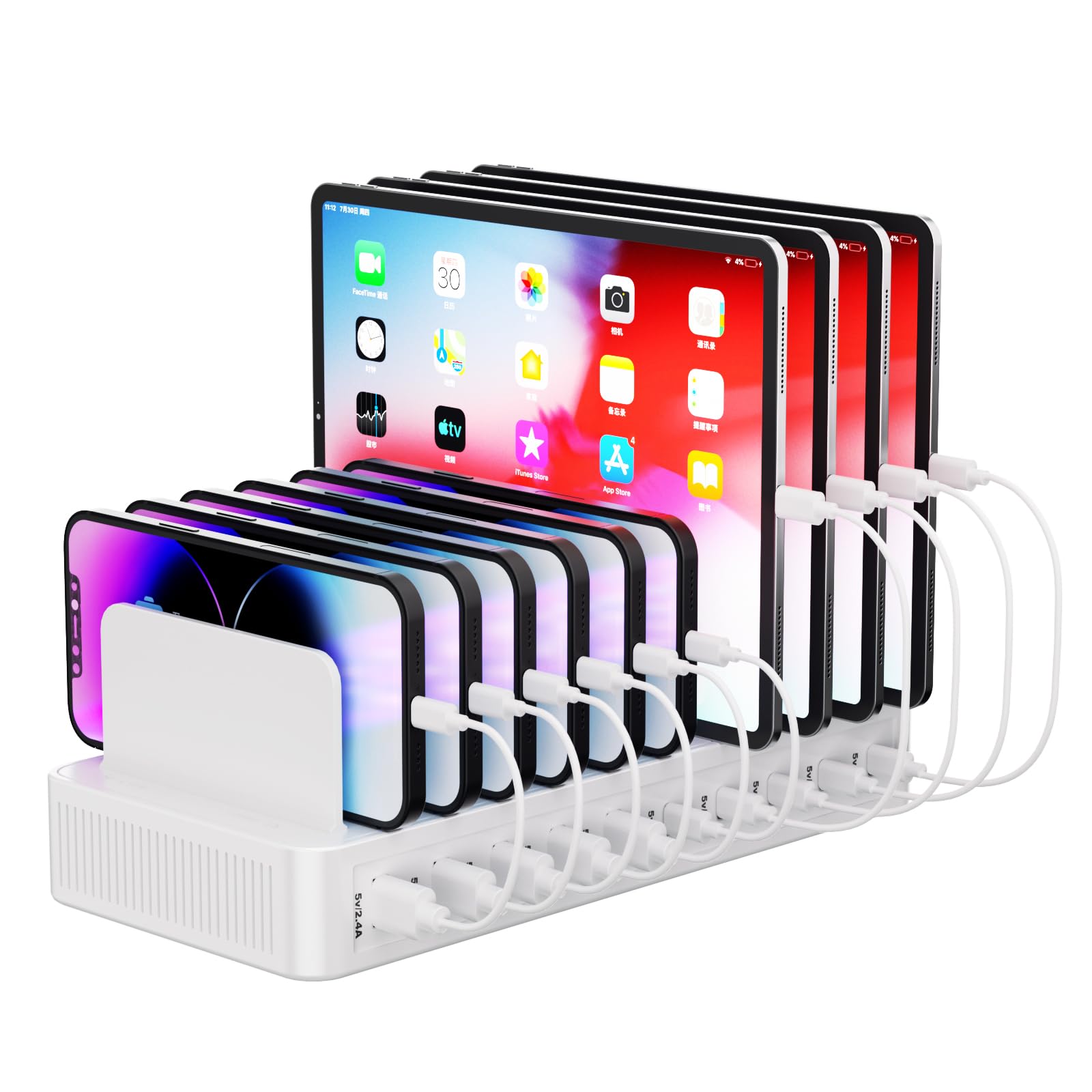 60W Charging Station for Multiple Devices, 10-Port USB Fast Charging Station with Adjustable Dividers - Device Organizer Charging Dock for iPhone, Android, iPad, Tablets & More