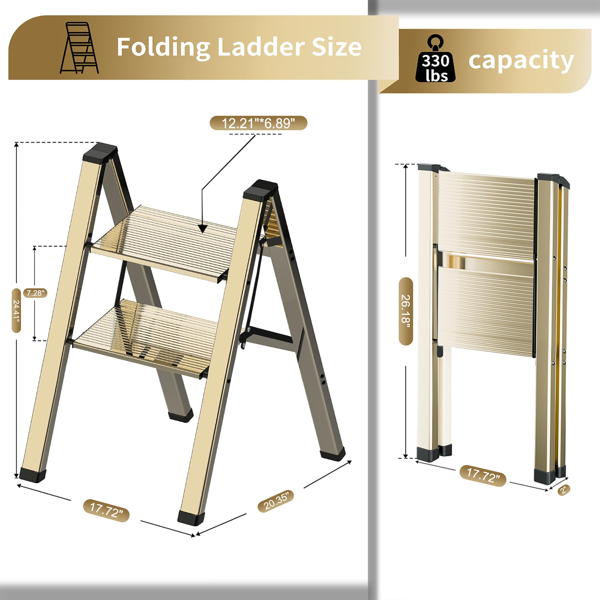 2 Step Lightweight Folding Ladder for Home, 330lbs Aluminum Step Ladder Anti-Slip for Kitchen, Step Stool Foldable Adults for Closet, 330lbs - Black