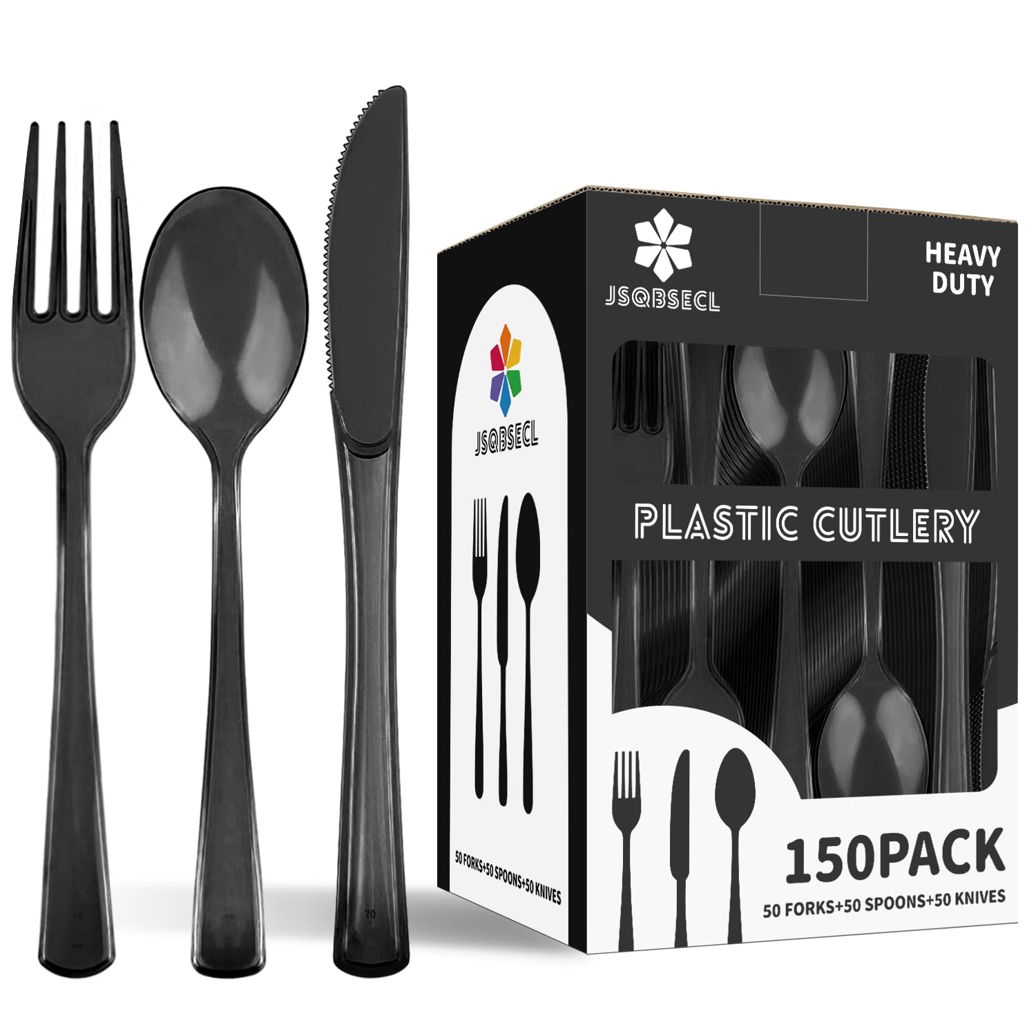 150 Pack Plastic Silverware,Disposable Cutlery Set Heavy Duty Utensil Sets 50 Forks 50 Knives 50 Spoons for Brithday, Wedding,Home School Party Picnics Restaurant Outdoor Events (Black)