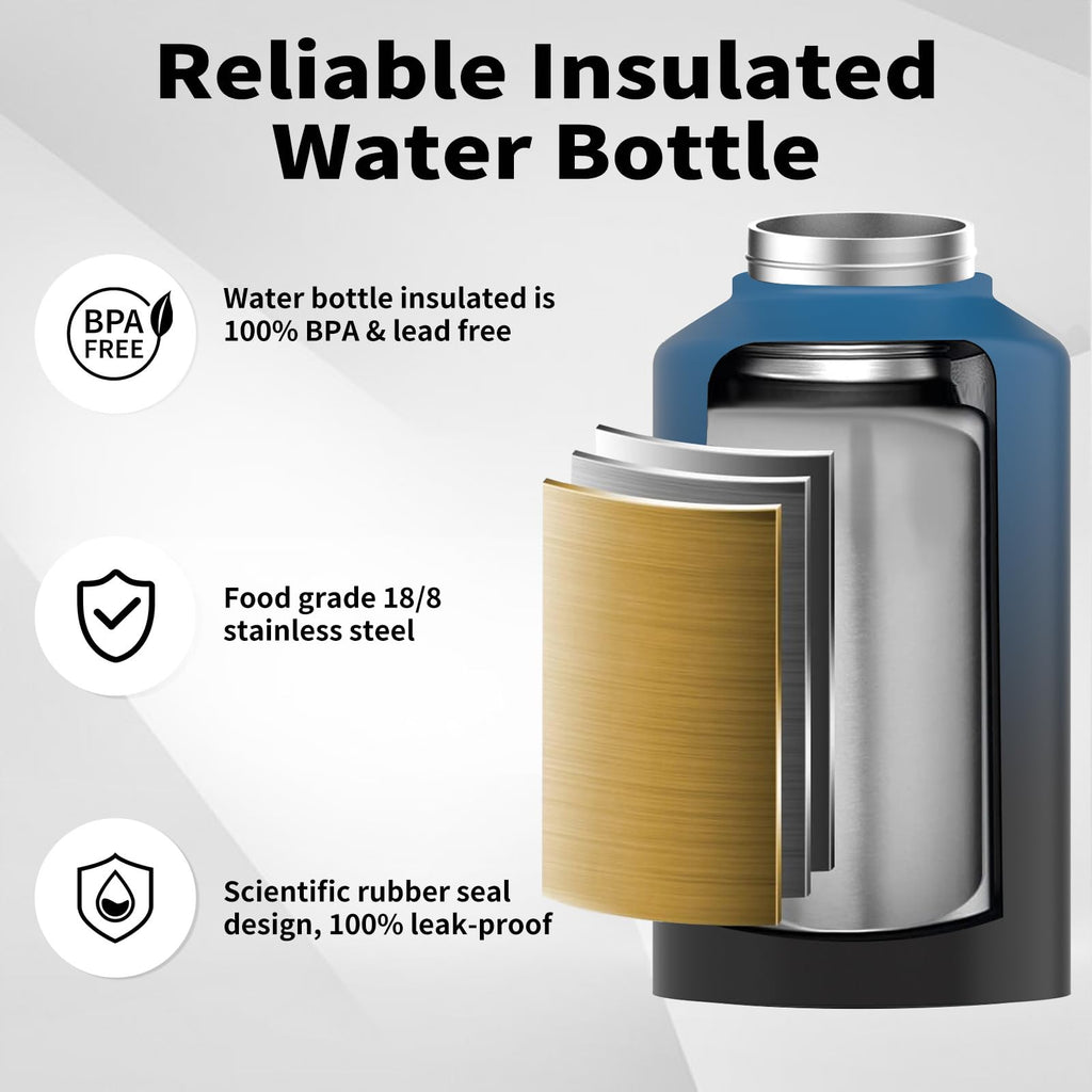WATERSY Half Gallon Water Bottle Insulated(Cold for 48 Hrs),BPA Free&Leak Proof,64oz Stainless Steel Water Jug/Flask,Big thermo,Large Water Bottle with Handle for Gym,Hiking,Camping,Black