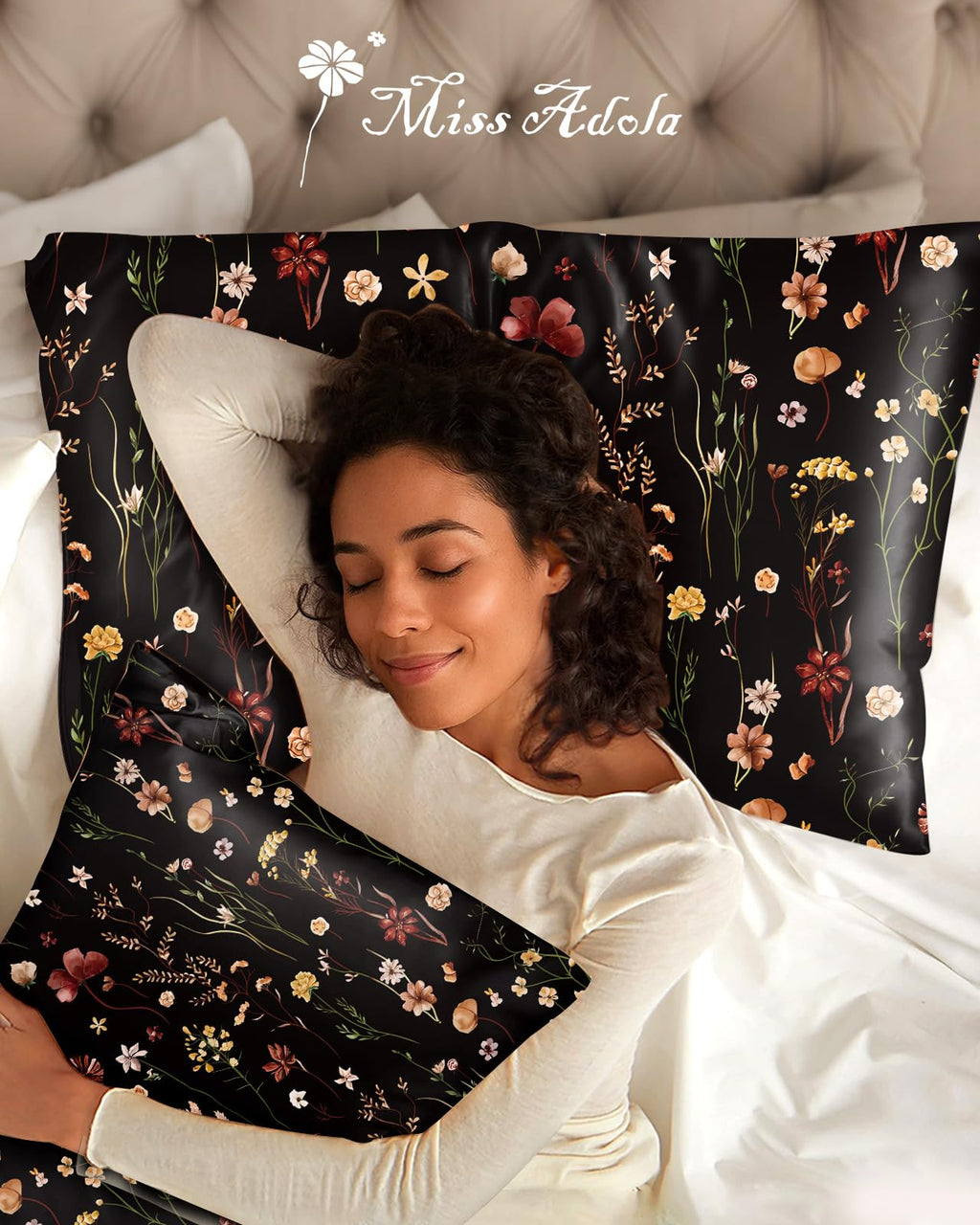 Miss Adola 2 Pack Mulberry Silk Pillowcase for Hair and Skin - Standard Size 20 x 26 Inches with Hidden Zipper Beige Flower 19 Momme Soft Sleeping Silk Pillow Case for Women, Moms