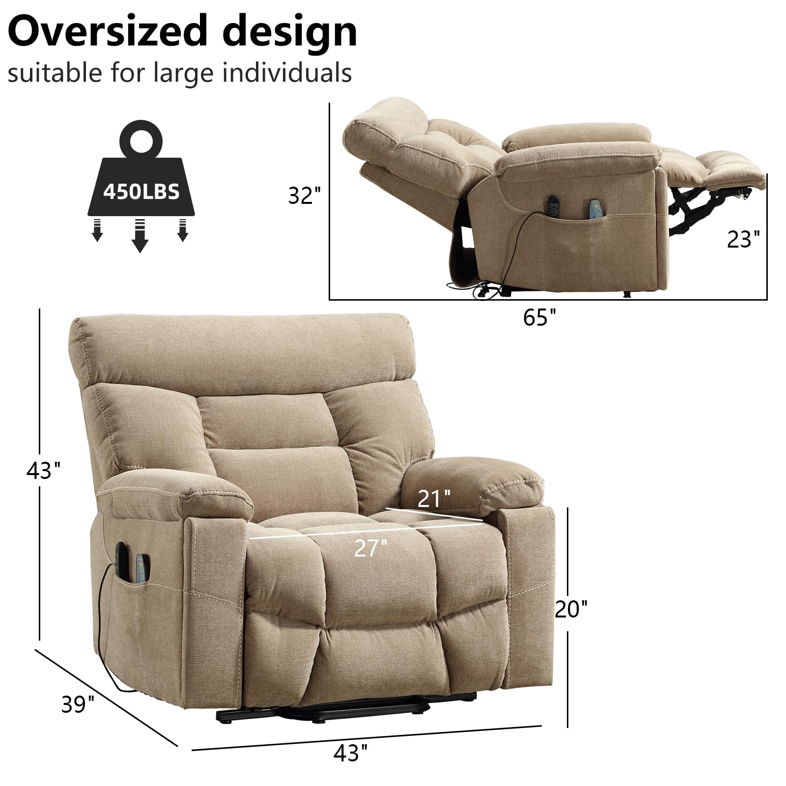 CANMOV Dual Motor Power Lift Recliner Chair for Elderly, 27" Extra-Wide Seat 450 lbs Weight Capacity Infinite Position Adjustment, with Heated Massage, Cup Holders and USB Port, Camel Fabric