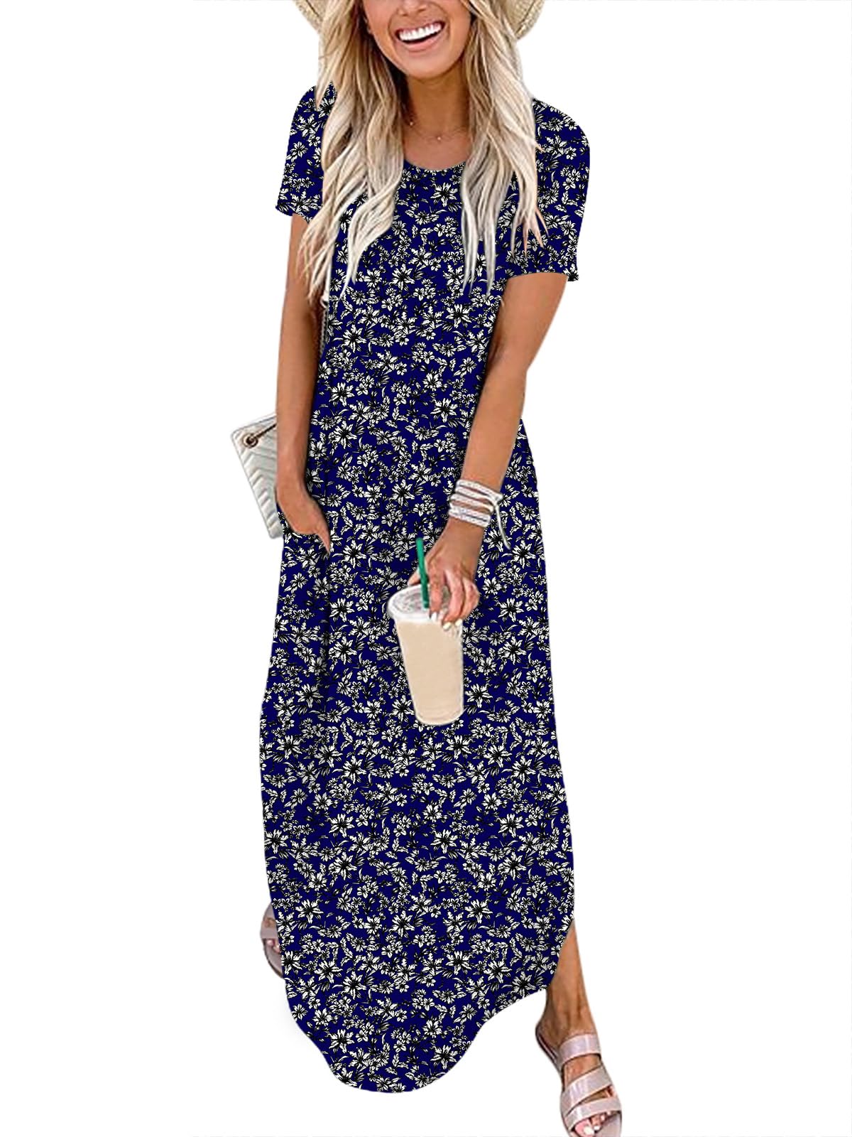 ANRABESS Womens Summer Maxi Dress Short Sleeve Casual Loose Long T Shirt Dresses Split Vacation Beach Sundress Travel Outfits
