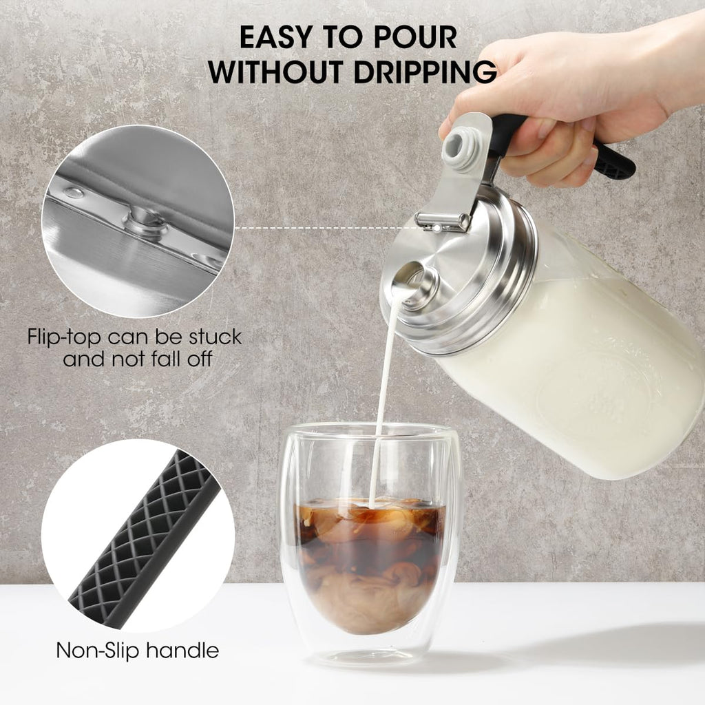 Aieve Stainless Steel Mason Jar Pour Spout Lid, 2 Pack Wide Mouth Mason Jar Pitcher Flip Cap Lids with Handle for Ball Jar Lids (3.38 inch)