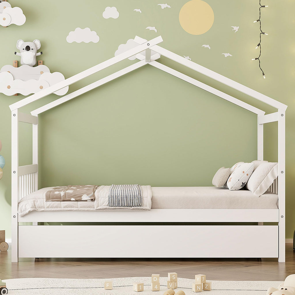 Merax Twin Size Wooden House Bed with Two Drawers, Wood Bed Frame with Roof for Kids, Teens, Boys or Girls, Grey
