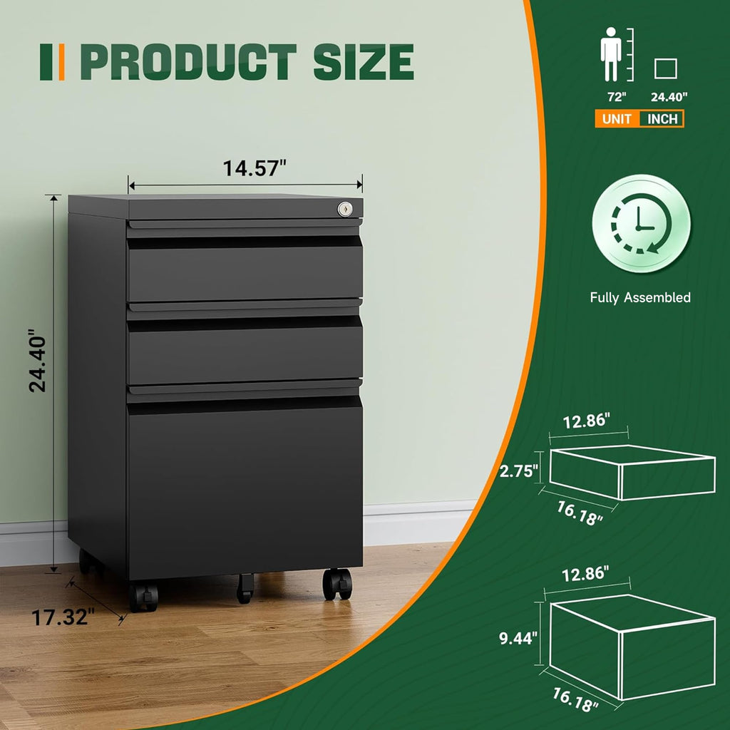 Letaya 3 Drawer Mobile File Cabinet with Lock,Under Desk Metal Small Filing Cabinets for Home Office Organizer Letters/Legal/A4(Fully Assembled Except Wheels-Black)