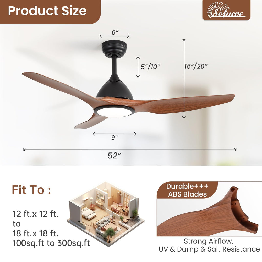 Sofucor 52 Inch Outdoor Ceiling Fans with Lights, Modern Ceiling Fan with 3 Plastic Blade, Quiet, Dimmable, High 7000CFM 6-Speed 3-Timer Reversible DC Motor, for Bedroom Living Room, ETL, Black