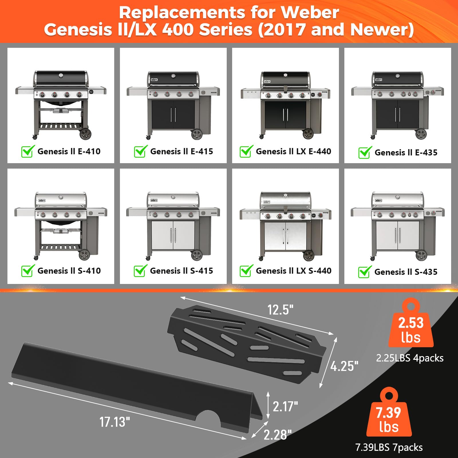 Grill Parts for Weber Genesis 300 Grills with Front Control Knob, Grill Grates for Genesis E310 S310 E/S320 E/S330, 17.5" Flavorizer Bars&Heat Deflectors, 19.5" Grill Grates for Weber 7524 7621 65505