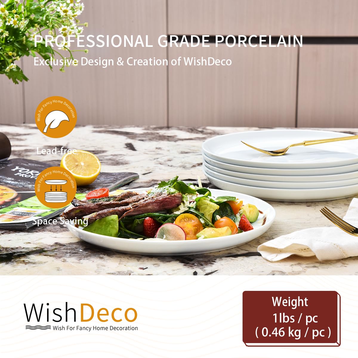 WishDeco White Dinner Plates Set of 4, Ceramic Dining Plates 10.5 inch, Large Salad Plate, Porcelain Kitchen Plate for Pizza, Steak, Microwave and Dishwasher Safe