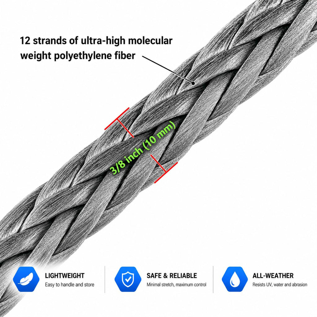 Ucreative 3/8 Inch x 50 Feet Synthetic Winch Extension Rope 26,500 Lbs for Off Road Vehicle Gray