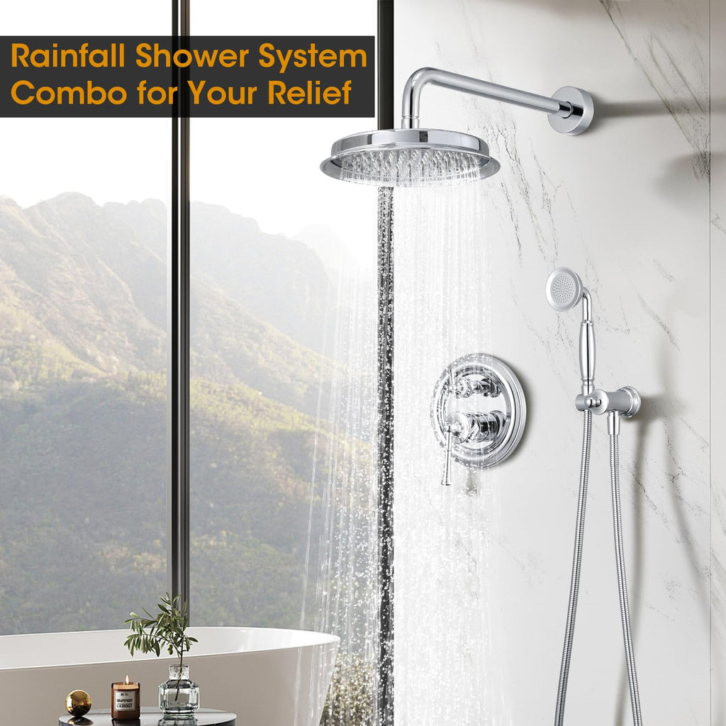 Rainfall Shower Head with Handheld Combo, Brushed Gold Shower System with Balance Pressure Valve, 9 inch Shower Head and Faucet Set, Rain Shower Head with Handheld Spray Wall Mount(B2312-BG)