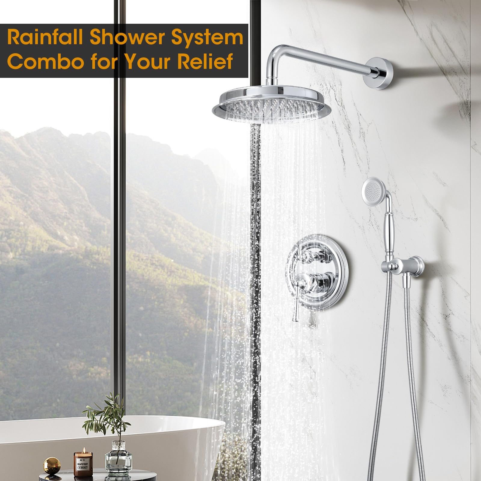 Rainfall Shower Head with Handheld Combo, Brushed Gold Shower System with Balance Pressure Valve, 9 inch Shower Head and Faucet Set, Rain Shower Head with Handheld Spray Wall Mount(B2312-BG)