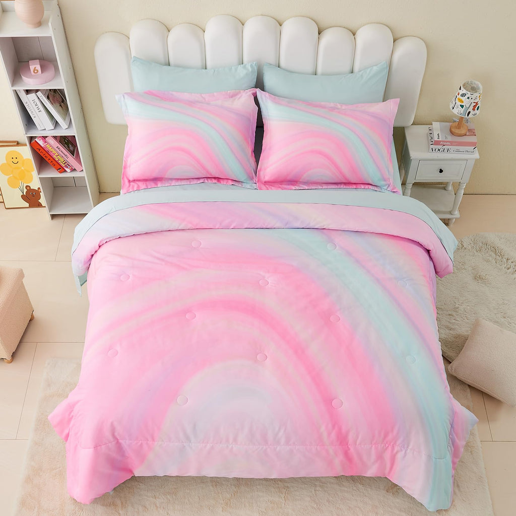 Wajade 7 Piece Blue Bow Comforter Set for Girls Kids Twin Size Bedding Set with Sheet and 2 Pillowcases 2 Pillow Shams Cute Girls Bed in a Bag as Birthday Choice