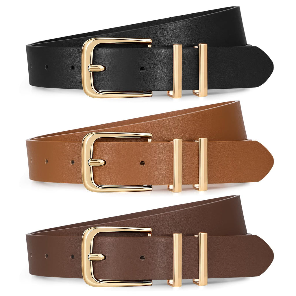 XZQTIVE 3 Pack Women Belts For Jeans Dresses Pants Ladies Leather Waist Belt with Gold Buckle