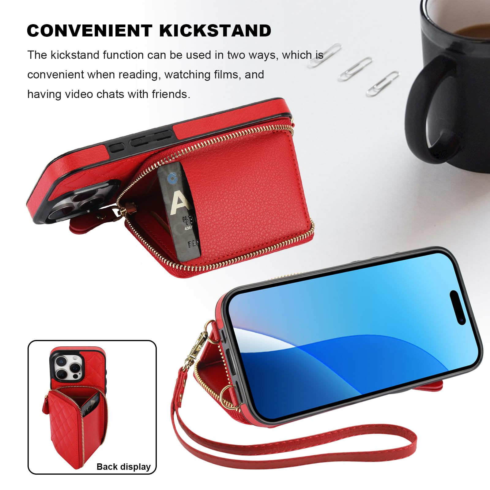 Bocasal Crossbody Wallet Case for iPhone 16 Pro, RFID Blocking PU Leather Zipper Handbag Purse Flip Cover, Kickstand Folio Case with Card Slots Holder Wrist Strap Lanyard 5G 6.3 Inch (Black)