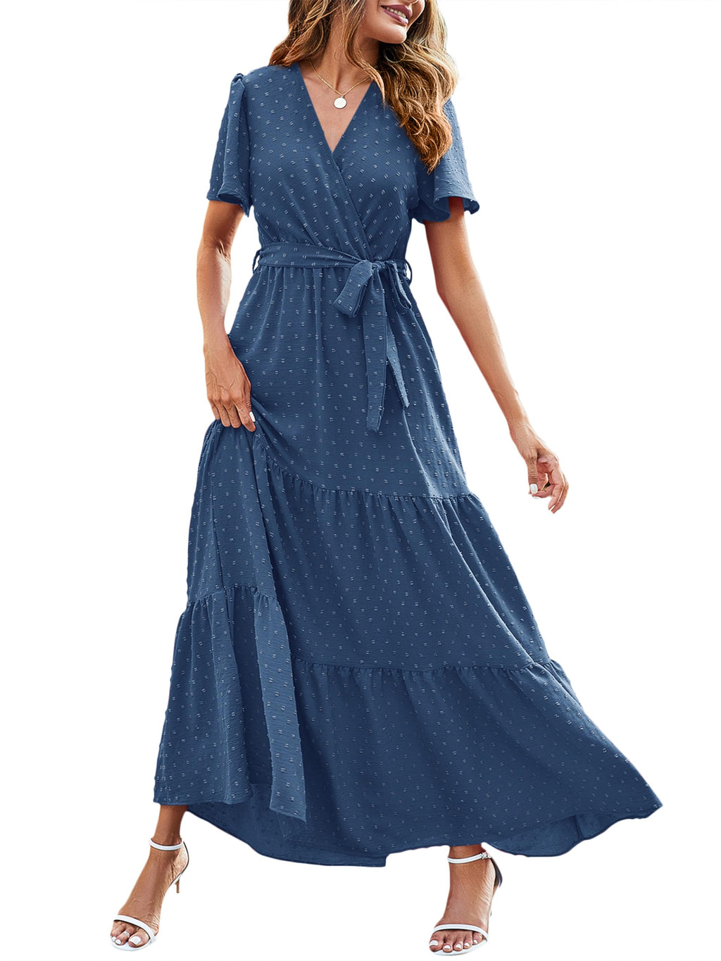 MASCOMODA Womens Summer Swiss Dot Maxi Dresses Wrap V Neck Flutter Short Sleeve Boho Casual Flowy Long Wedding Guest Dress