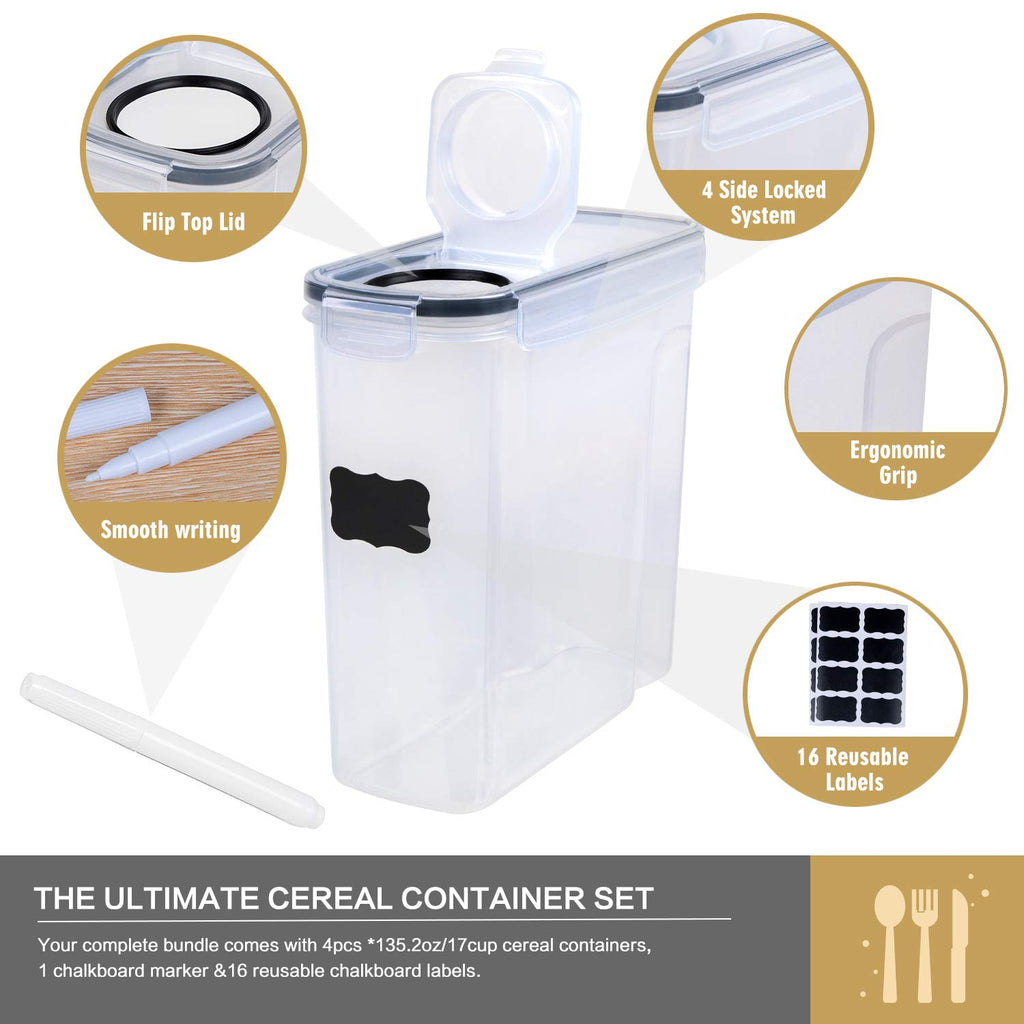 FOOYOO Cereal Containers Storage Set - 3 Piece Airtight Large Dry Cereal Container (135.2oz), BPA Free Dispenser Plastic Cereal Storage Containers with 16 Labels & Pen