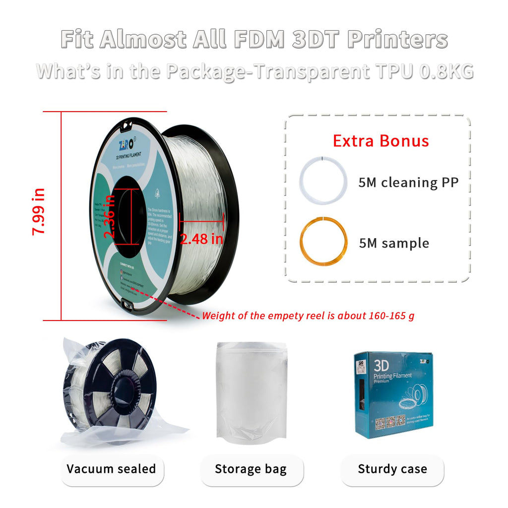 ZIRO TPU Filament 1.75mm 3D Printer Filament, Shore 95A Hardness TPU, Flexible Soft Material, 0.8KG/1.8lbs Spool, Fit Most FDM 3D Printers, Black