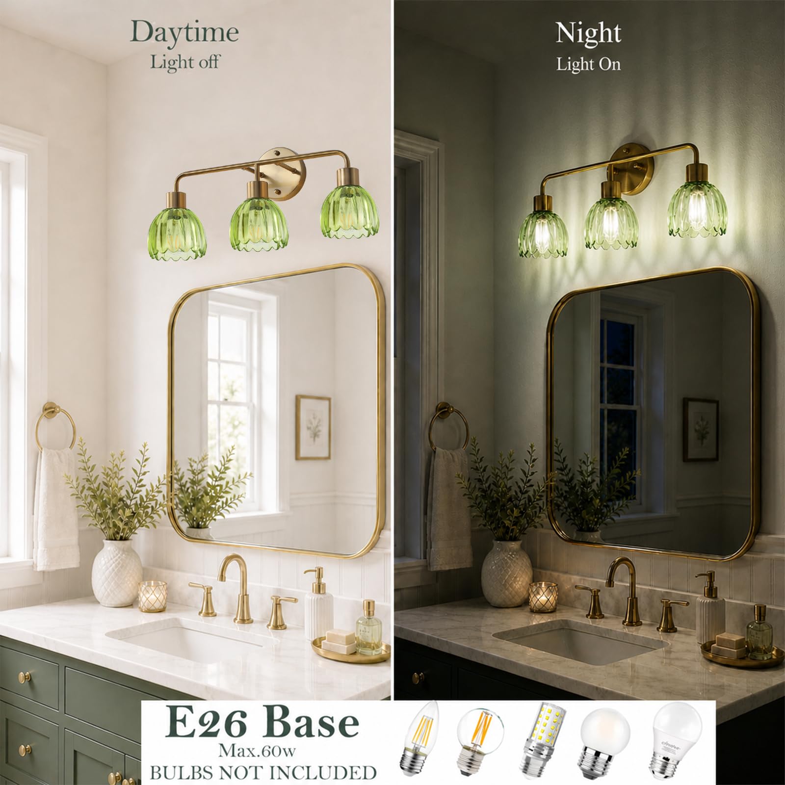 1-Light Gold Brass Bathroom Light Fixture,Wall Sconces set of 2,Brushed Gold Vanlity Light Over Mirror,Bathroom Vanity Light with White Tulip Glass Flower Shade,E26 Socket(Bulbs Not Included)