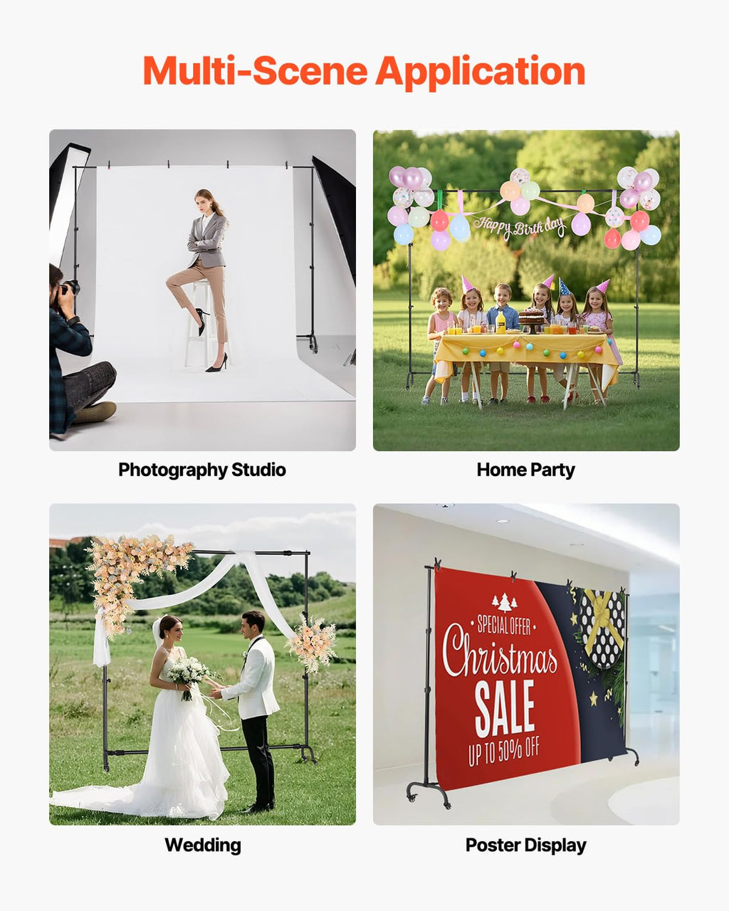VEVOR Backdrop Stand, 5 x 6.5 ft Adjustable Photo Backdrop Stand Kit, Portable Background Backdrop Stand with 3 Crossbars, Heavy Duty Projector Screen Stand, for Wedding, Photo Video Studio & Party