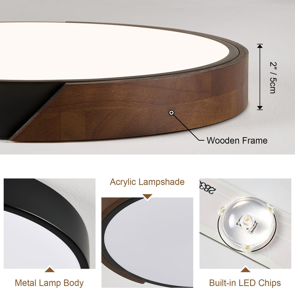 Modern LED Ceiling Light, Minimalist Wood Dimmable Flush Mount Ceiling Light Fixture, Round 5CCT Lighting Lamp with Acrylic Lampshade for Bedroom Hallway Kitchen Laundry, Black 11.8"